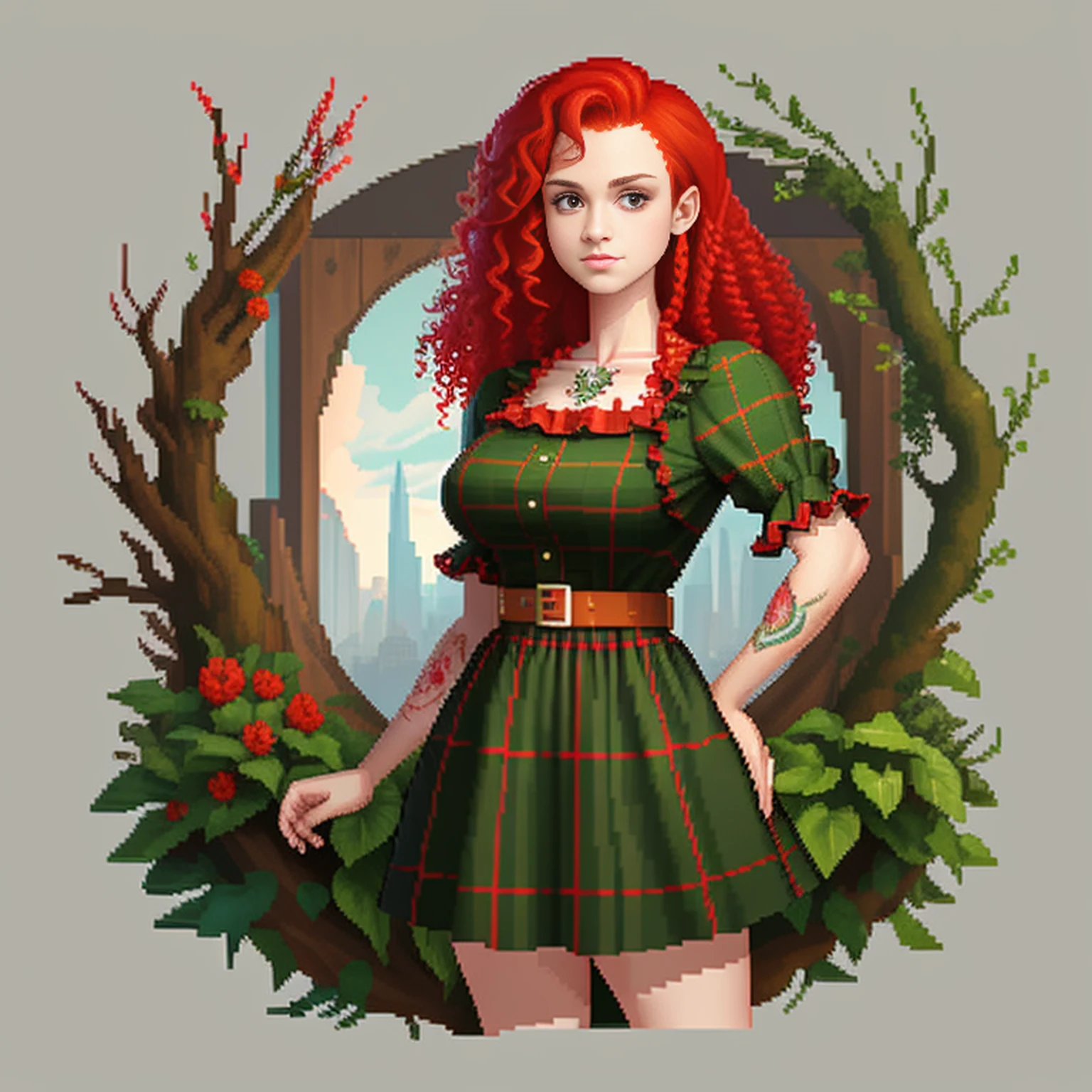 (masterpiece, top quality, best quality), pixel, pixel art, 1girl, full body, curly hair, red hair, green eyes, red plaid dress, Tattoo