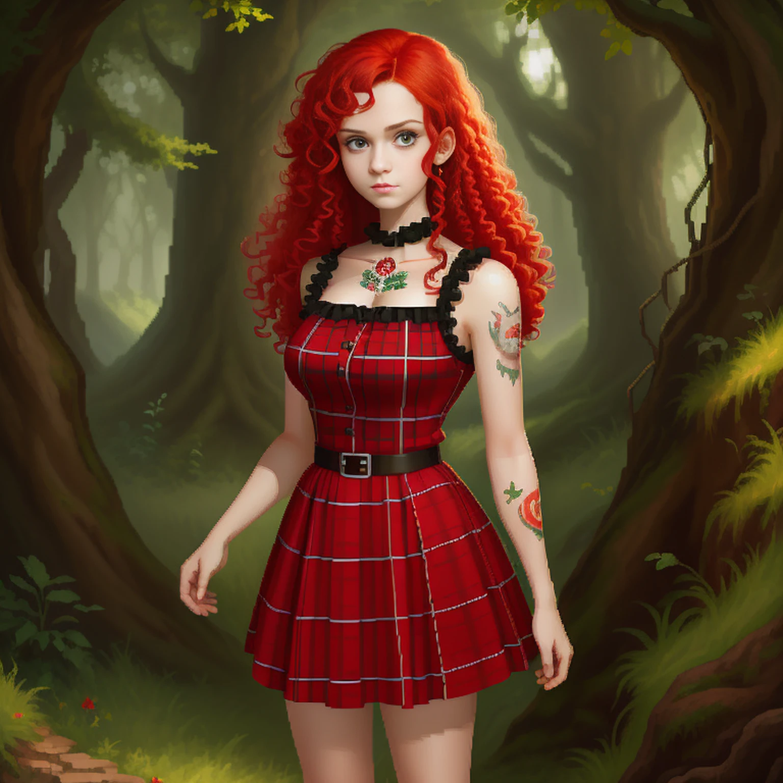 (masterpiece, top quality, best quality), pixel, pixel art, 1girl, full body, curly hair, red hair, green eyes, red plaid dress, Tattoo