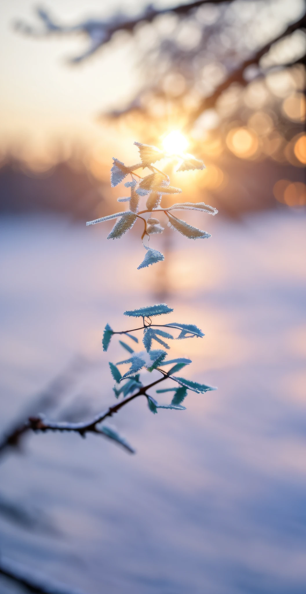 Close-up of plants，tree branch，Foliage，Covered with frost，Yuki，Frost，in the early morning，Halo，ln the forest，depth of fields，back lit lighting，（Macro lens：1.3），Optical illusion，Close-up Shot Shot，Background bokeh，photorealestic，SENSE OF CINEMA，professional photoshooting，Sony FE GM，Lens flare，35mm，macro photograph，16k，Wallpaper phone