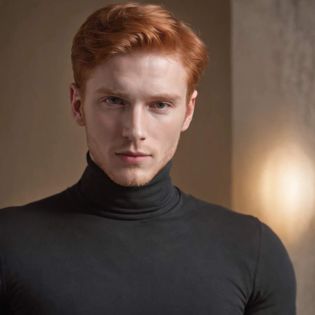 young red-haired man, in turtleneck shirt, gold color, dynamic pose, side view, light background, front lighting, medium shot, high quality photo, upper body
