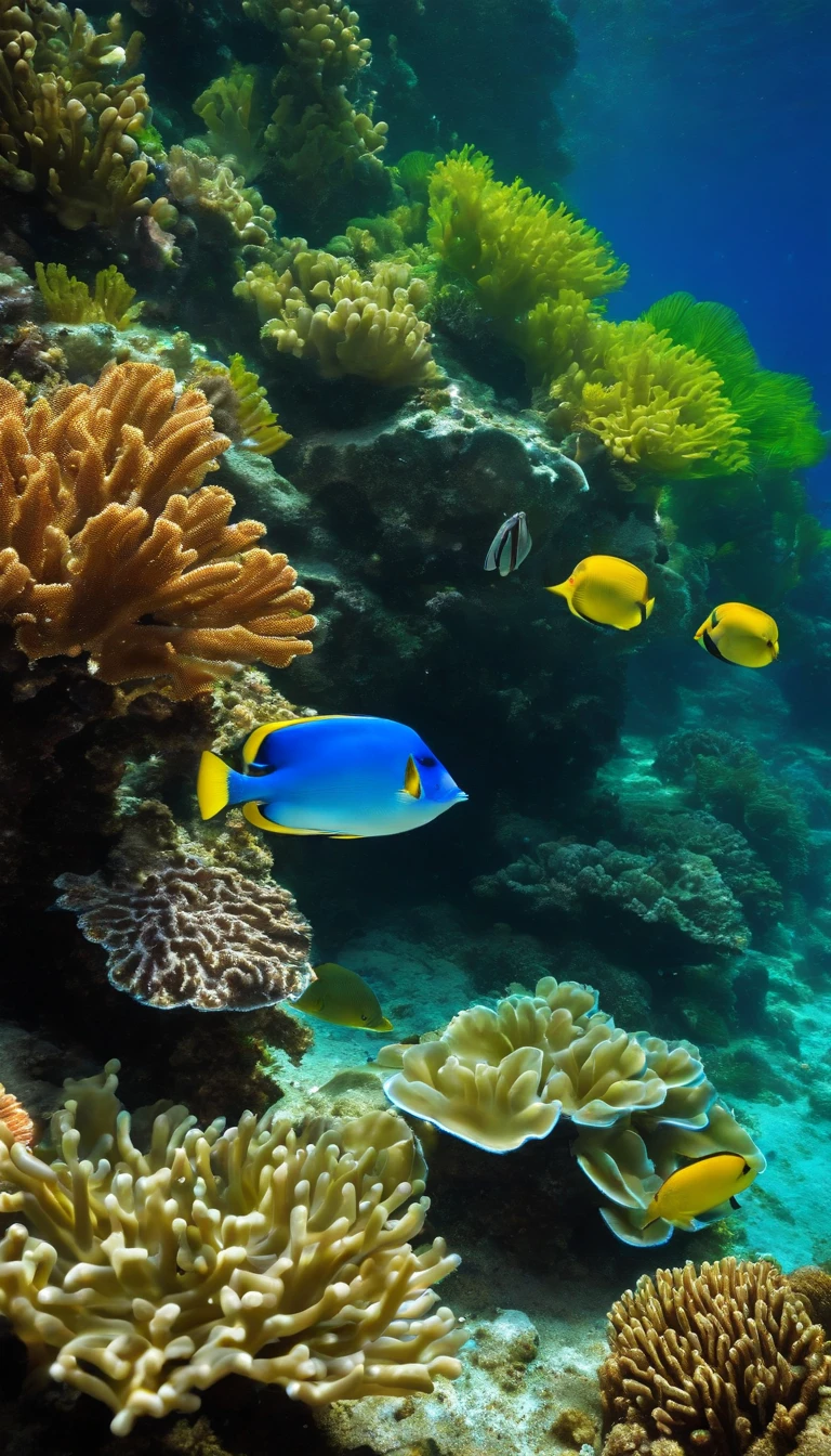 (underwater), (colorful reef ,underwater, coral, crystal-clear water, ,rays of sunlight ,detailed marine plants, life, vibrant colors, tranquil atmosphere, serene, swaying seaweed ,exotic species, dazzling array of colors) , (best quality,highres:1.2), (underwater photography), (vibrant), (soft and diffused lighting)
