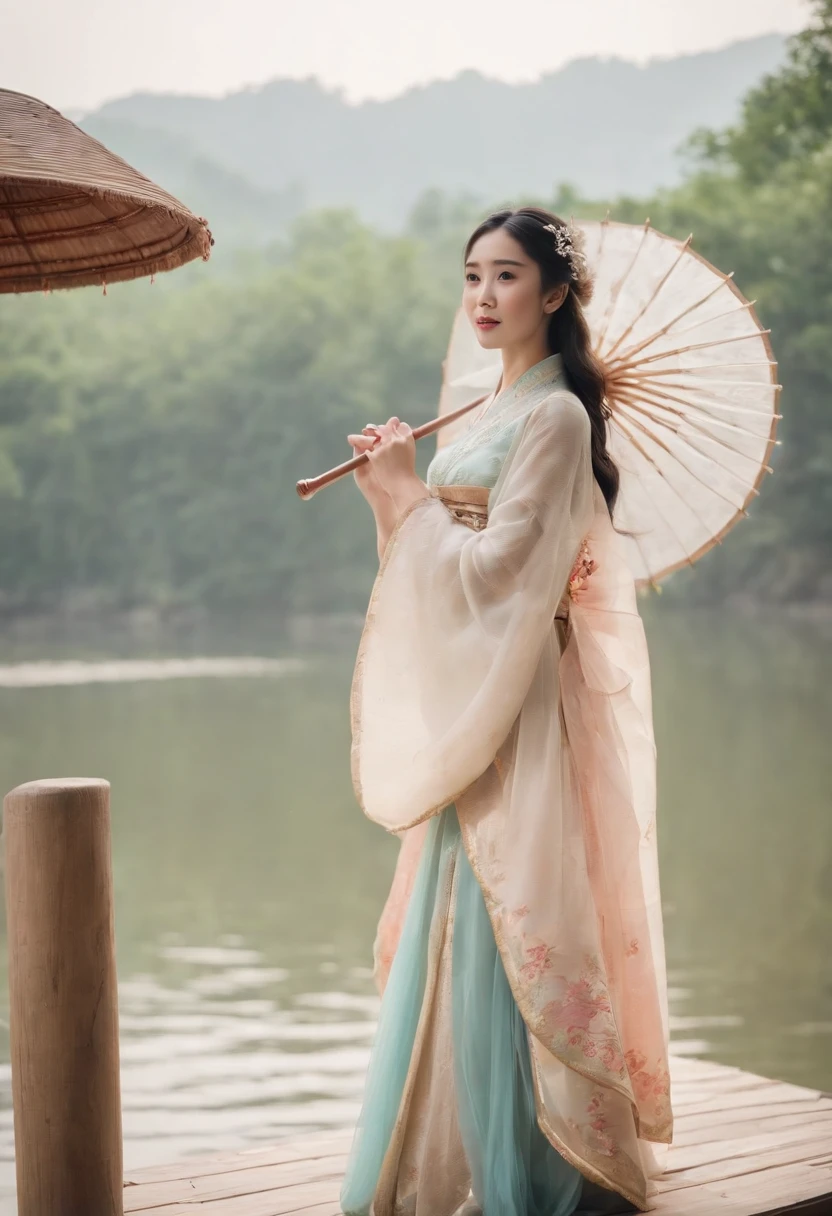 Boat Lake Umbrella Pavilion,Wearing Chinese Han Dynasty costumes,Chinese fairy with loose black hair