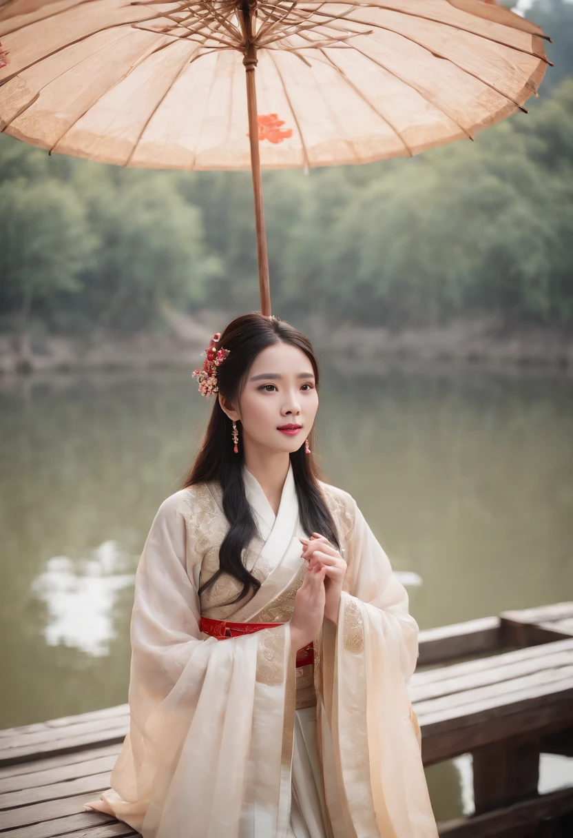 Boat Lake Umbrella Pavilion，Wearing Chinese Han Dynasty costumes，Chinese fairy with loose black hair