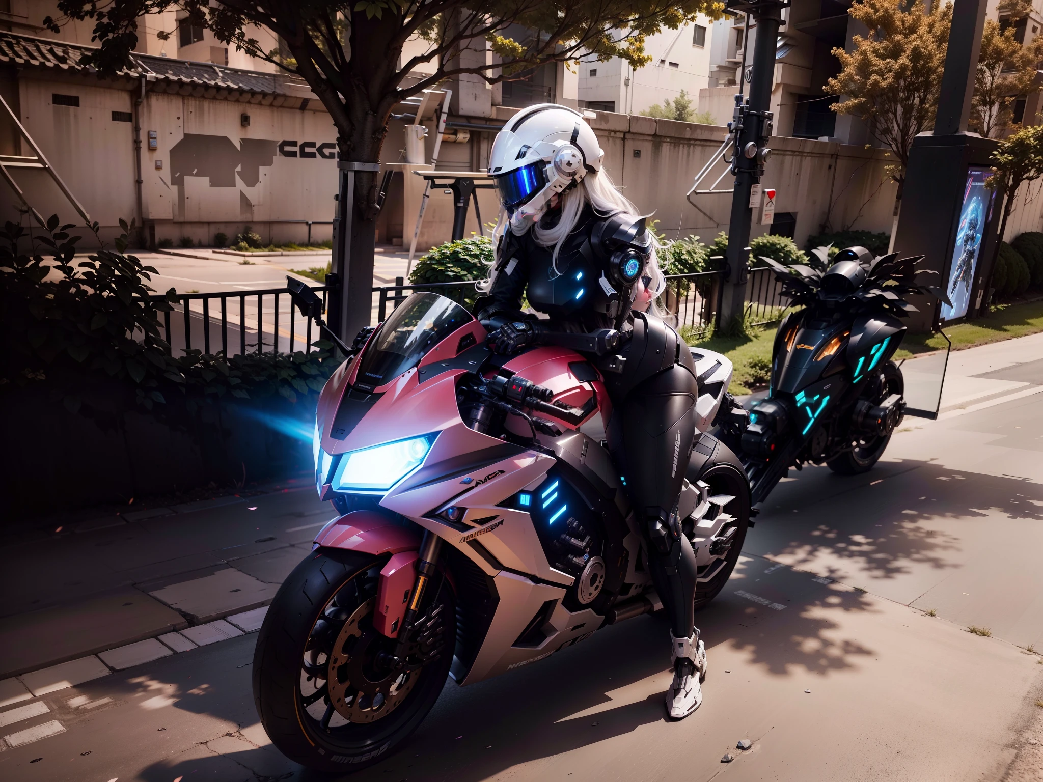 Cyber Warrior Woman and Cyber Mechanical Motorcycle, Full Body Exquisite High-Tech Armor, Exquisite Black Tech Helmet, Nousr, Biomechanics, MSHN Robot Man, High-Tech Helmet, Surreal, Steel, Intricate Design, Crazy Details, Fine Details, Extremely Clear Lines, Cinematic Lighting, Photo Realistic, Detailed Masterpiece