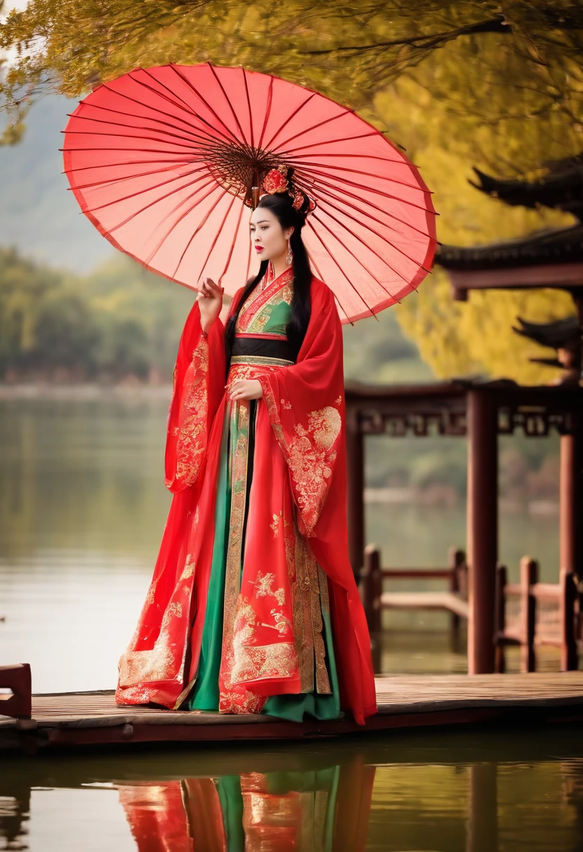 Boat Lake Umbrella Pavilion,Wearing Chinese Han Dynasty costumes,Chinese fairy with loose black hair
