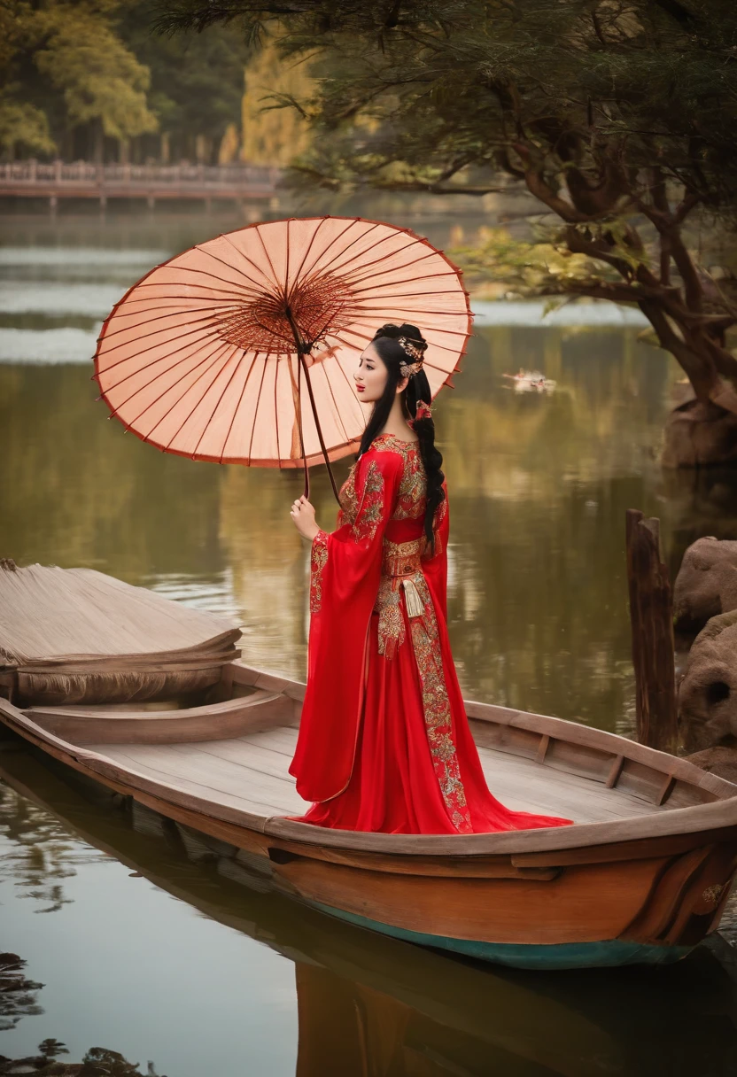 Boat Lake Umbrella Pavilion,Wearing Chinese Han Dynasty costumes,Chinese fairy with loose black hair