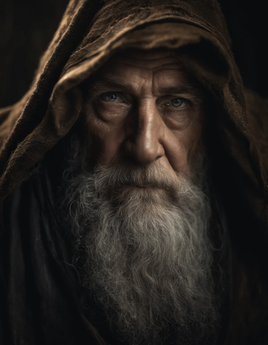 A portrait of a wizard, bearded, wrinkled, weathered, with piercing eyes, detailed face, high details, photography, dark studio, rim light, Nikon D850, 50mm, f/1.4