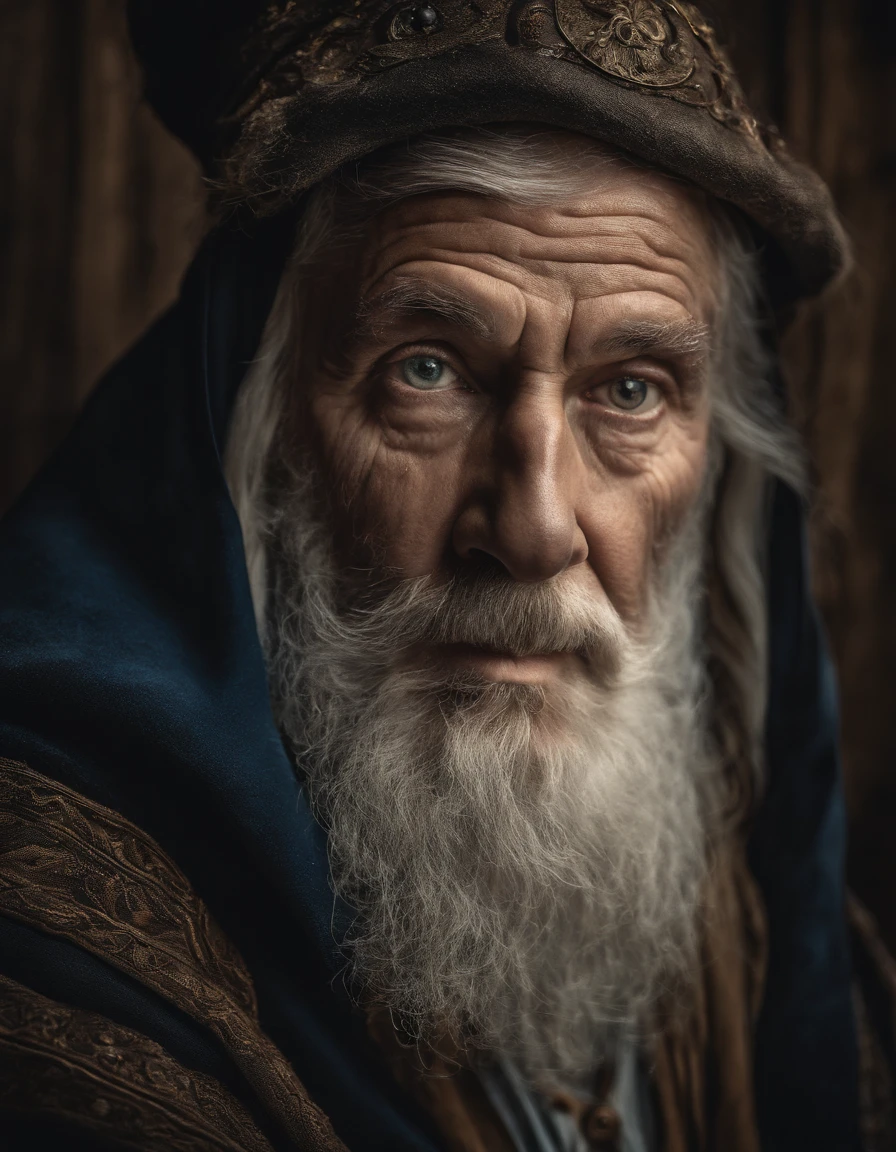 A portrait of a wizard, bearded, wrinkled, weathered, with piercing eyes, detailed face, high details, photography, dark studio, rim light, Nikon D850, 50mm, f/1.4