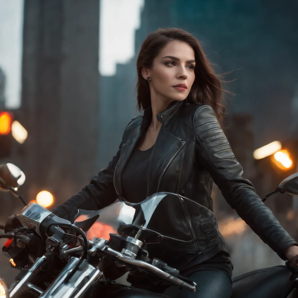 ((Qualidade Superior)), ((Melhor Varejo)), (high level of detail: 1.3), 3d, A woman riding a motorcycle,Lindo fiz (O cyberpunk:1.3) mulher hacker, female spy, pilotando uma motocicleta,medium long shot,(medium shot)