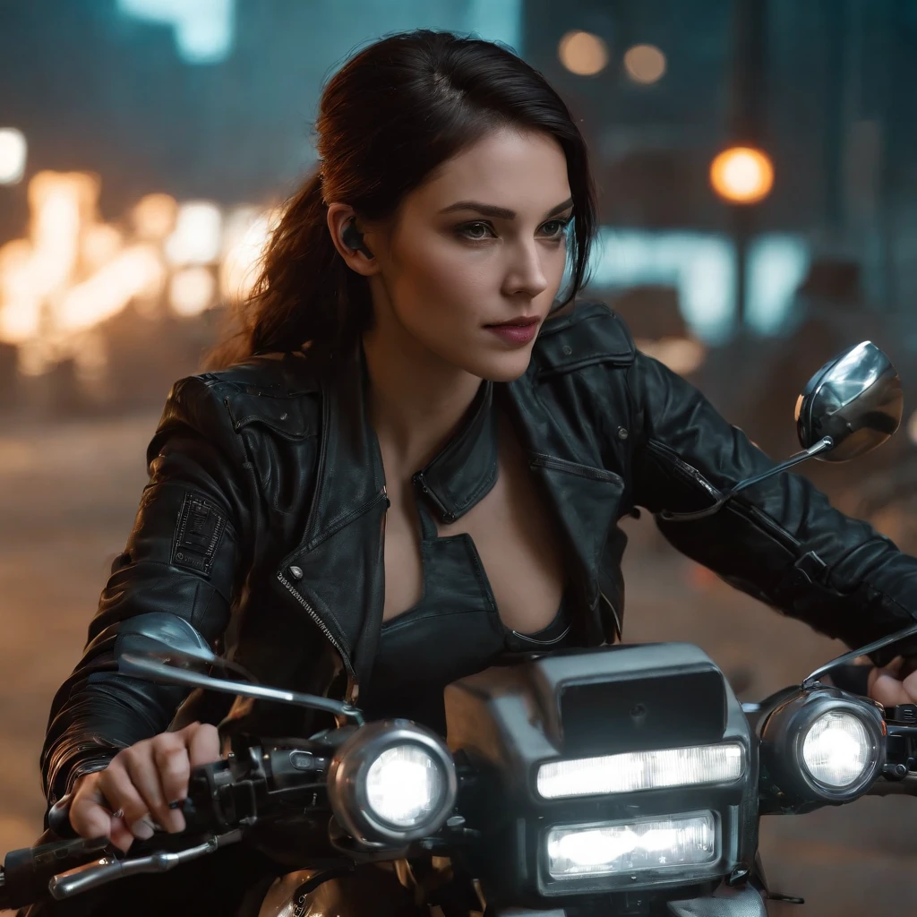 ((Qualidade Superior)), ((Melhor Varejo)), (high level of detail: 1.3), 3d, A woman riding a motorcycle,Lindo fiz (O cyberpunk:1.3) mulher hacker, female spy, pilotando uma motocicleta,medium long shot,(medium shot)