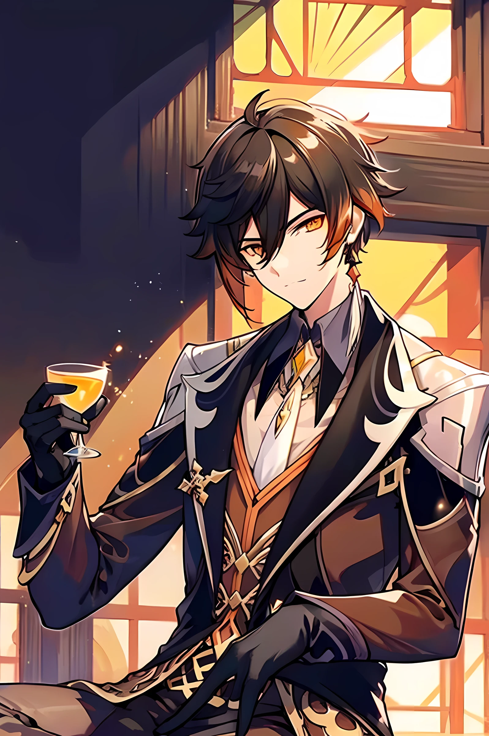 1 men, handsome, hot, sitting on sofa, indoor, simple background, wondering, smirking, glowing eyes, looking at viewer, holding wine glass, brown and yellow theme background, 8k, masterpiece, best quality