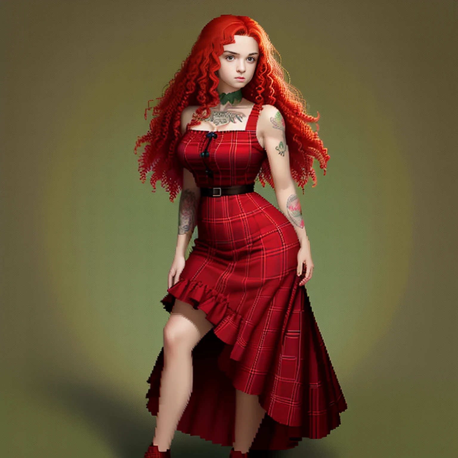 (masterpiece, top quality, best quality), pixel, pixel art, 1girl, full body, curly hair, red hair, green eyes, red plaid dress, Tattoo