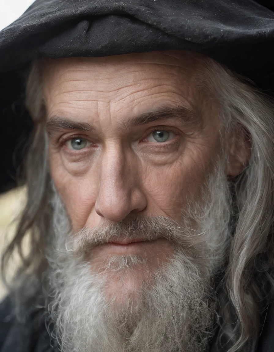 A portrait of a wizard, bearded, wrinkled, weathered, with piercing eyes, detailed face, high details, photography, dark studio, rim light, Nikon D850, 50mm, f/1.4