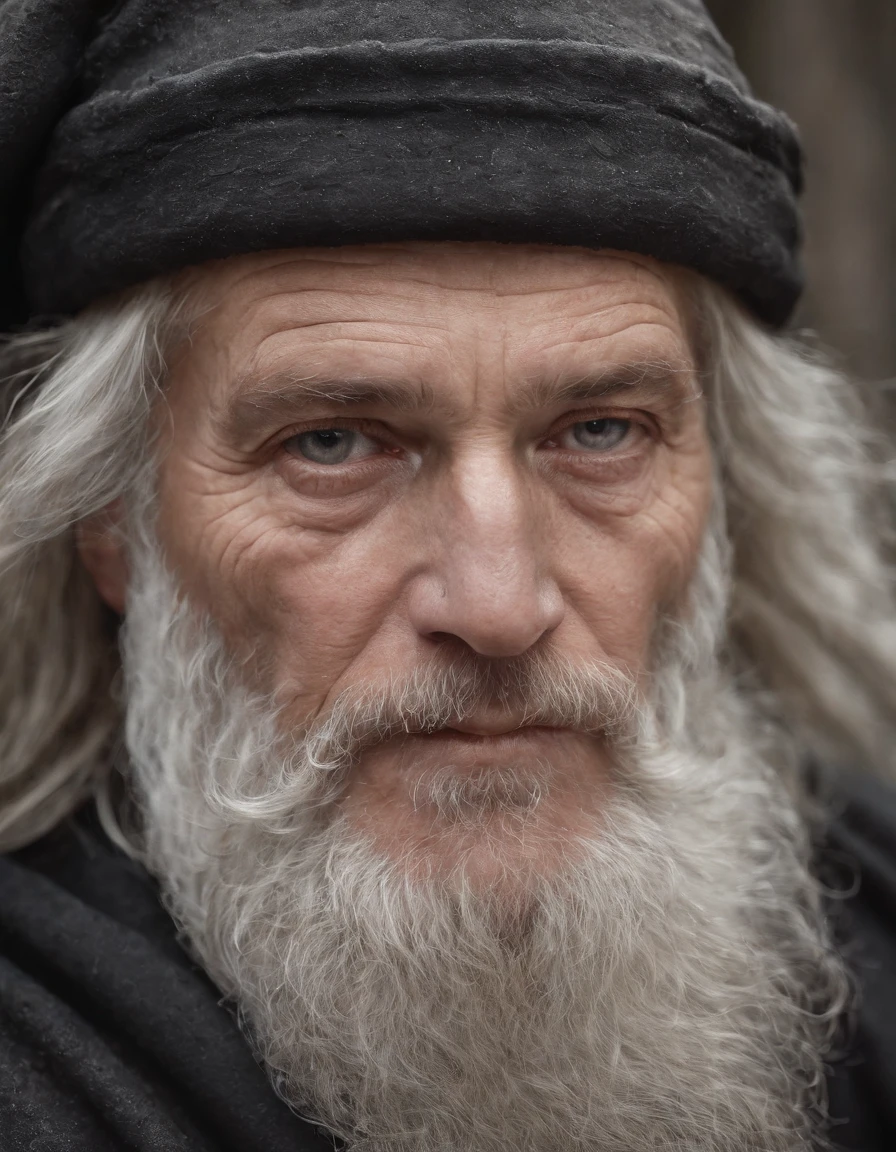A portrait of a wizard, bearded, wrinkled, weathered, with piercing eyes, detailed face, high details, photography, dark studio, rim light, Nikon D850, 50mm, f/1.4