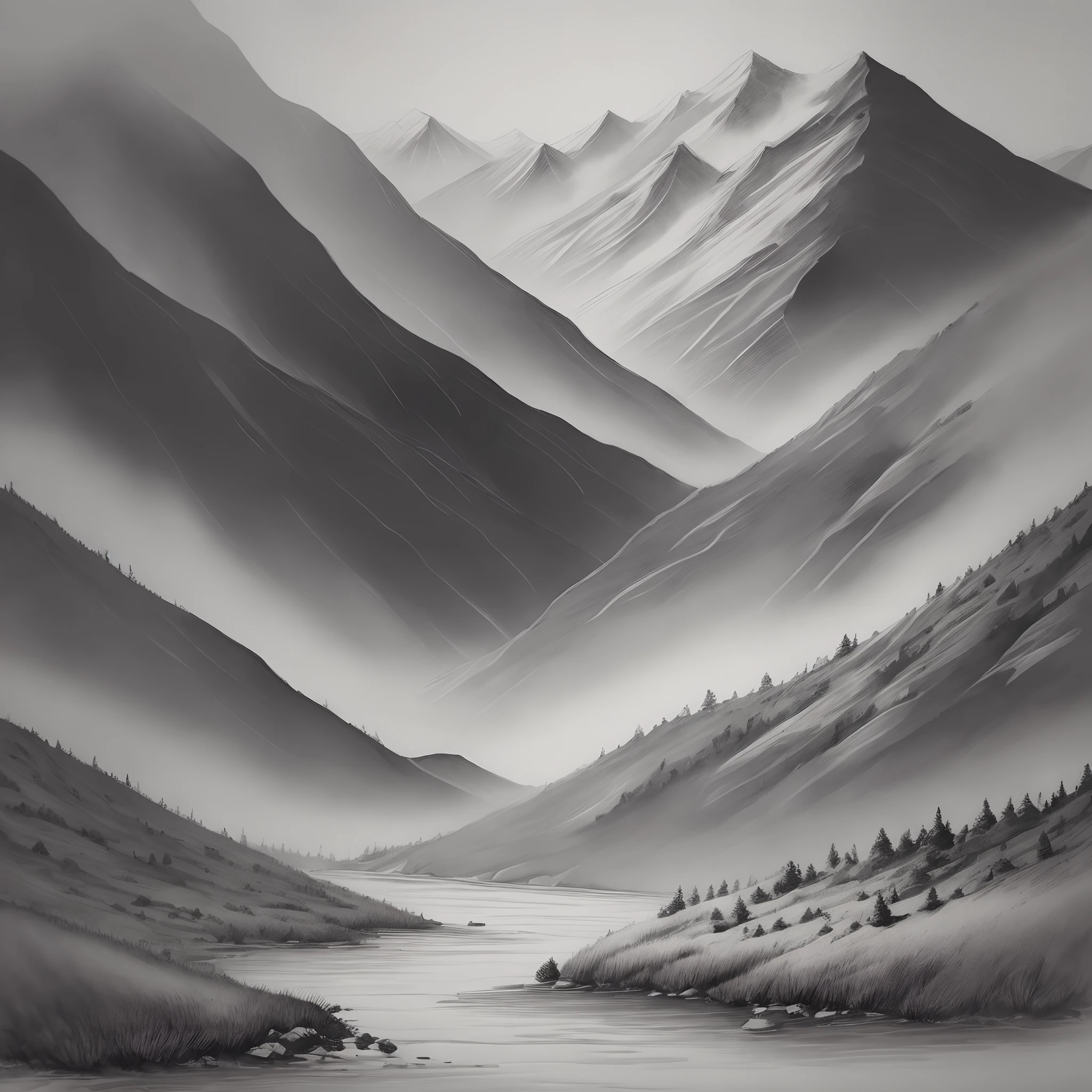 Ink wash painting style mont landscapes illustratio