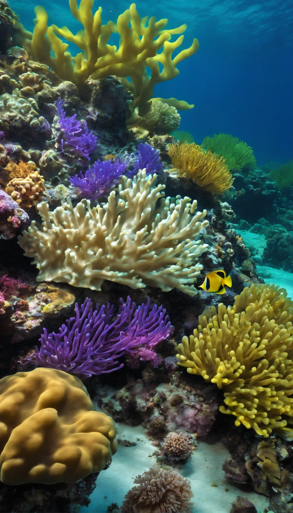 (underwater), (colorful reef ,underwater, coral, crystal-clear water, ,rays of sunlight ,detailed marine plants, life, vibrant colors, tranquil atmosphere, serene, swaying seaweed ,exotic species, dazzling array of colors) , (best quality,highres:1.2), (underwater photography), (vibrant), (soft and diffused lighting)