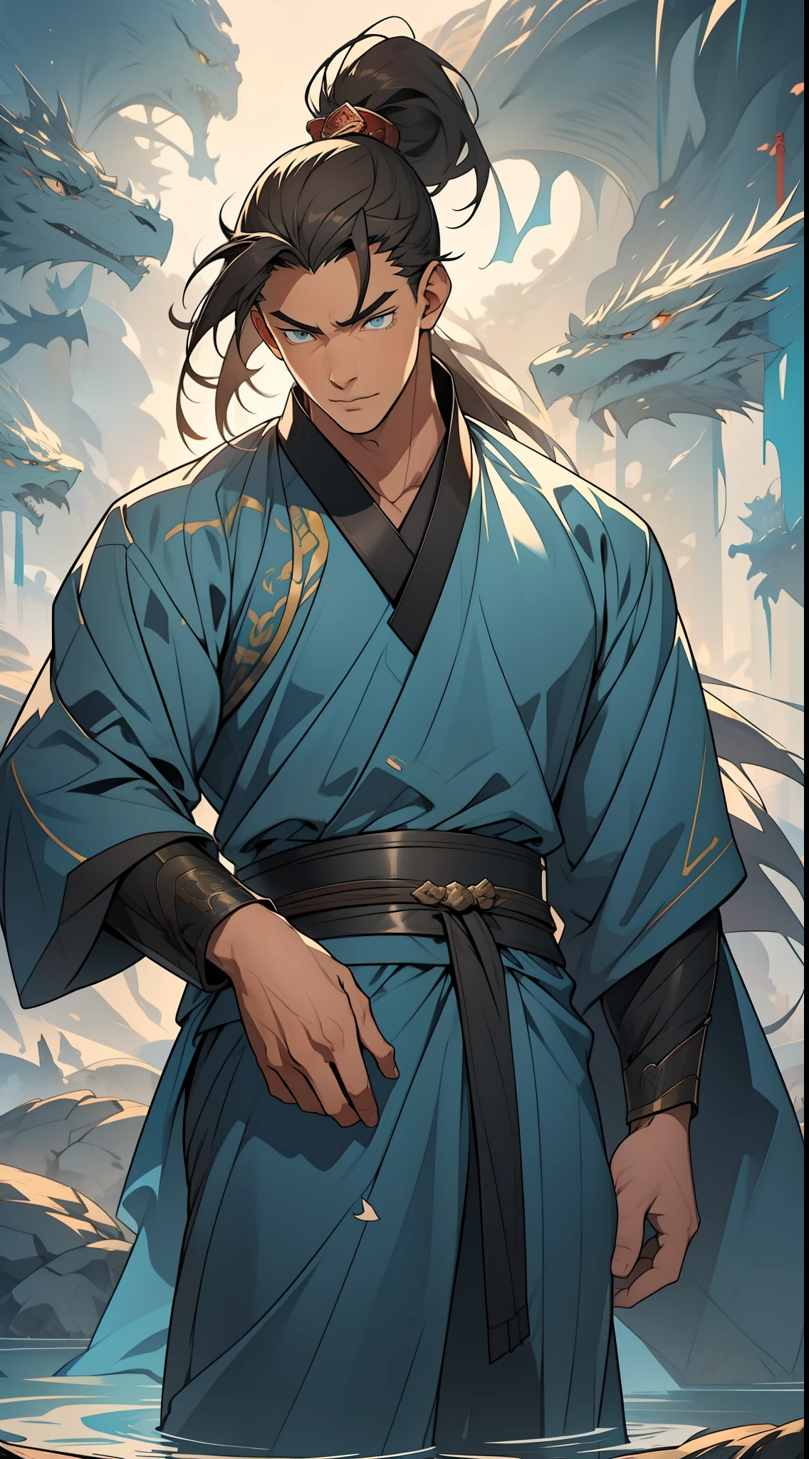 Masterpiece, Excellent, Daytime, 1 Man, Chinese Style, Ancient China, Chinese Court, Eagle, Turquoise Brown Hair, Gray-Blue Eyes, Split Hair, Long Hair, Long Bangs, High Ponytail, Handsome, Handsome, Serious, Gentle, Tall, Quiet, Dark Clothes, Gray-Blue Clothes, Dark Blue Clothes, Prince, Sword, Looking Down