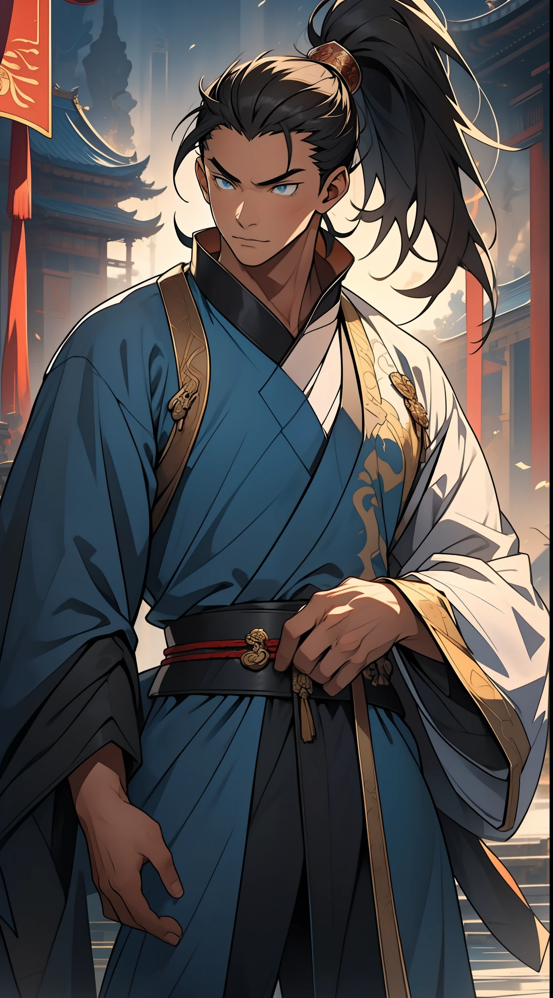 Masterpiece, Excellent, Daytime, 1 Man, Chinese Style, Ancient China, Chinese Court, Eagle, Turquoise Brown Hair, Gray-Blue Eyes, Split Hair, Long Hair, Long Bangs, High Ponytail, Handsome, Handsome, Serious, Gentle, Tall, Quiet, Dark Clothes, Gray-Blue Clothes, Dark Blue Clothes, Prince, Sword, Looking Down