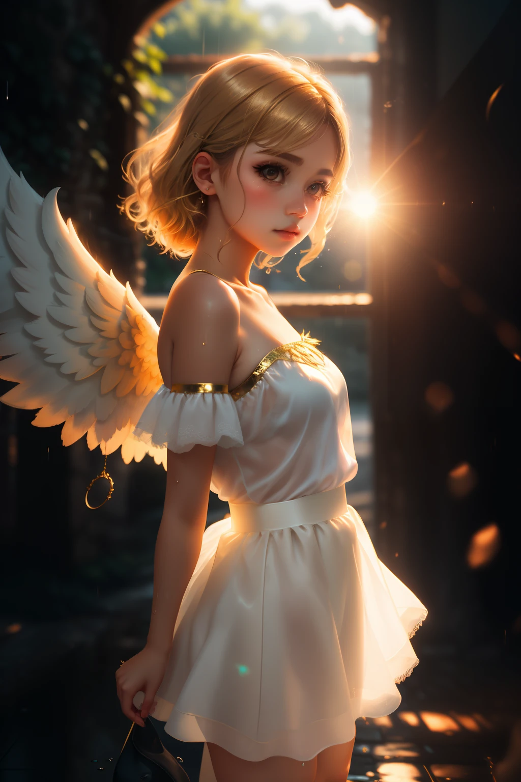 depth of field, moody lighting, 8K, glowing, particles, white cute girl, delicate face, angel, wings, blonde hair, white silk clothes, ballerina skirt, bare shoulder, long eyelash, gold accessories, sun shaft, morning, wet