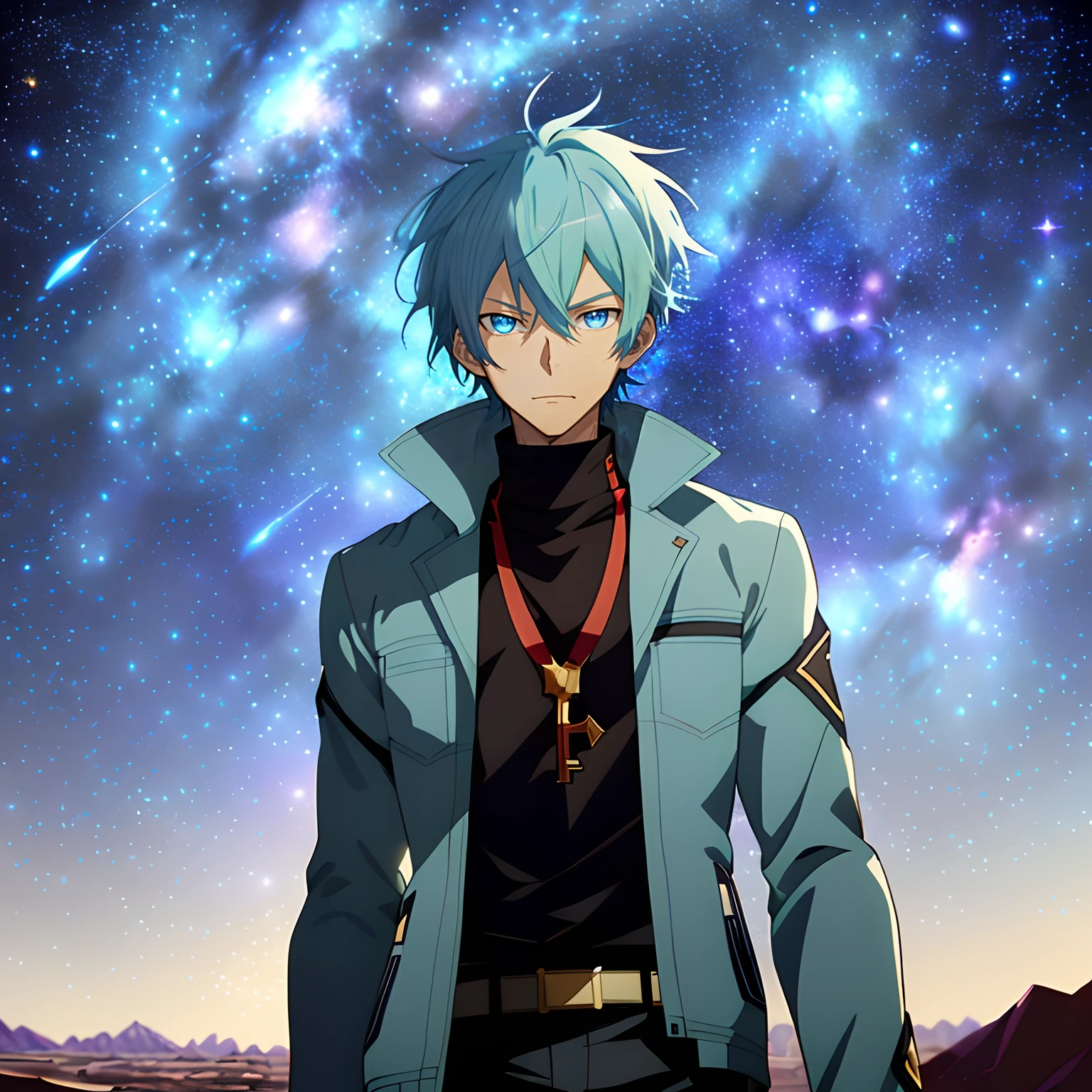 Anime - Style image of a man with blue hair and a blue jacket，Starry sky！Starlight，Starry sky，Desert at night，Key anime art，Tall anime guy with blue eyes，official anime still，Urano，key anime visuals，8K！on a galaxy looking background，Starry sky，shigenori soejima illustration，2 d anime style。