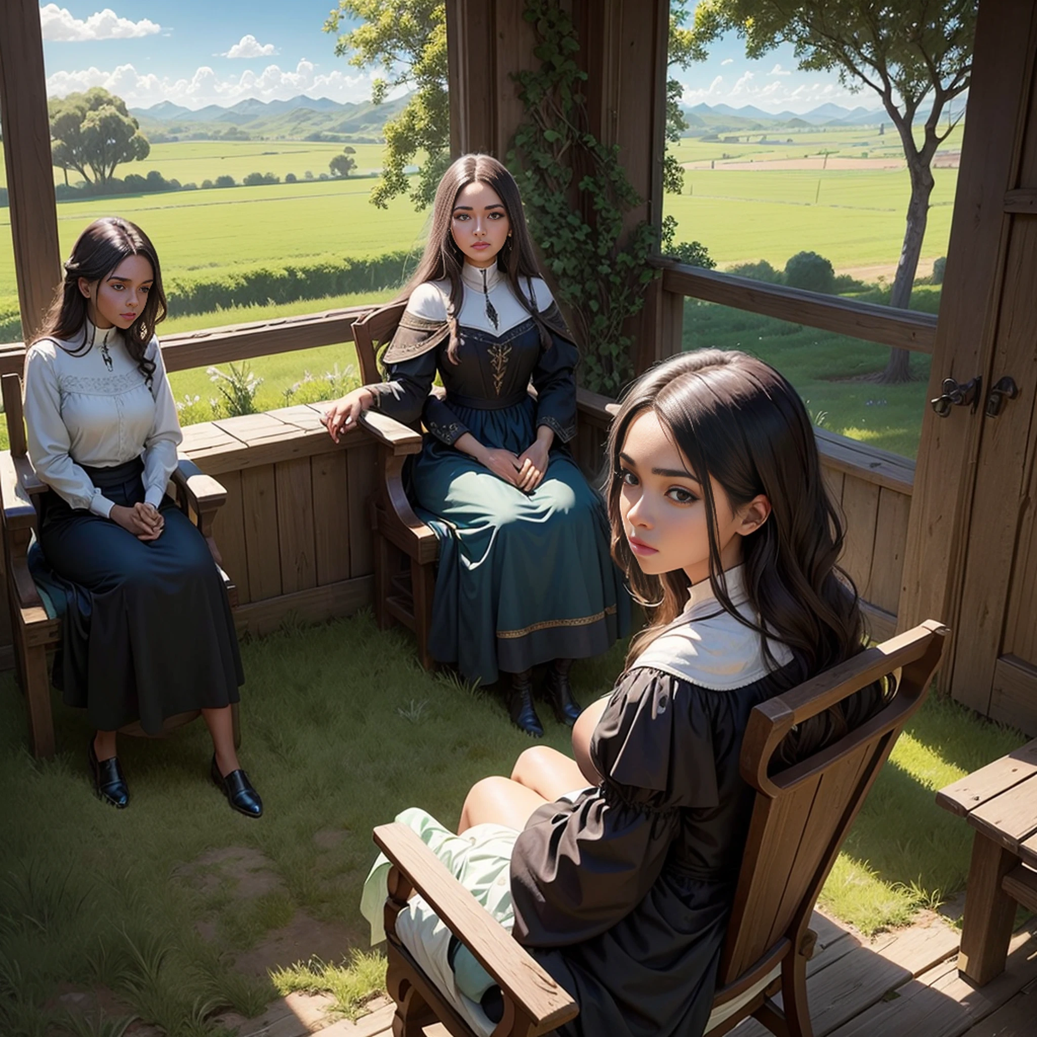 oil painting style, mulher negra, cabelos longos e cacheados, vestido verde claro, sentado em um trono, Trono no meio do campo, ao ar livre, Rural area, blue skies, medieval, fantasia