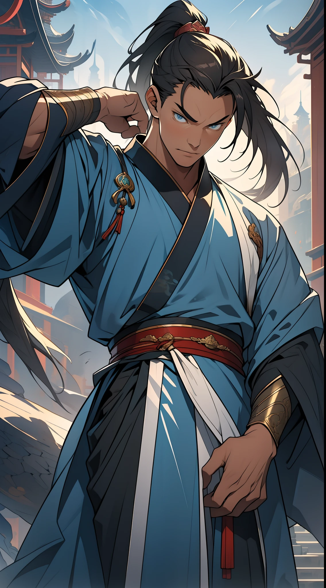 Masterpiece, Excellent, Daytime, 1 Man, Chinese Style, Ancient China, Chinese Court, Eagle, Turquoise Brown Hair, Gray-Blue Eyes, Split Hair, Long Hair, Long Bangs, High Ponytail, Handsome, Handsome, Serious, Gentle, Tall, Quiet, Dark Clothes, Gray-Blue Clothes, Dark Blue Clothes, Prince, Sword, Looking Down