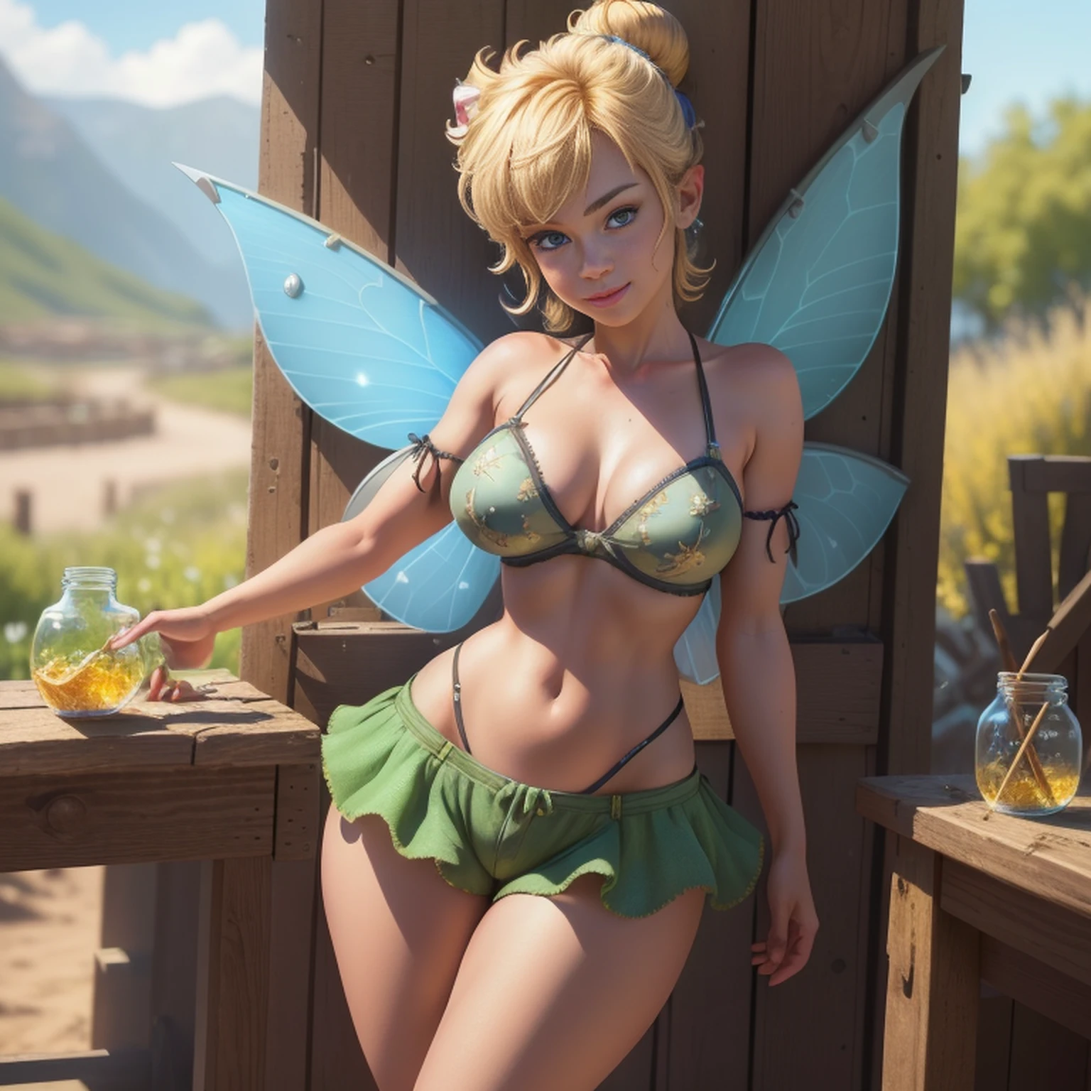 (TinkerWaifu:1), smile, sexy pose, cute, looking at the viewer, thick thighs, single bun, short hair, (short dolphin shorts:1), (fairy wings), standing, (focus on breasts:1.2), from above, (realistic: 1.2), (realism), (masterpiece: 1.2), (best quality), (ultra detailed), (8k, 4k, complex),(full body photo: 1),(cowboy photo:1.2), (85mm), light particles, lighting, (highly detailed:1.2),(detailed face:1.2), (gradients), sfw, colorful,(detailed eyes:1.2), (detailed ladscape, inside a glass jar :1.2),(detailed background),detailed landscape, (dynamic angle:1.2), (dynamic posture:1.2), (rule of terceira_composição:1.3), (line of action:1.2), general plan, daylight, soil,
