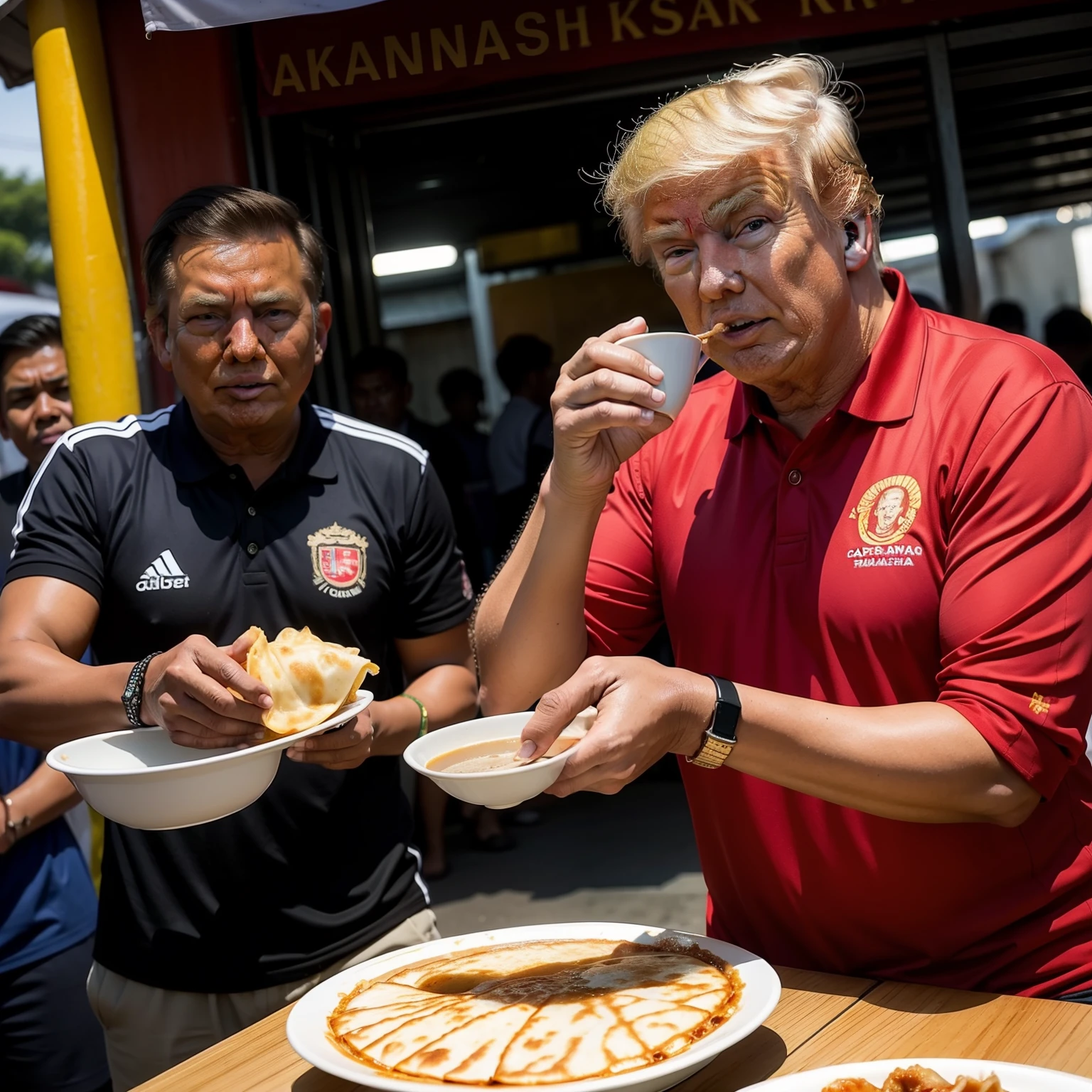 Donald trump wearing traditional malay attire eating roti canai and teh tarik while watching soccer at mamak stall,