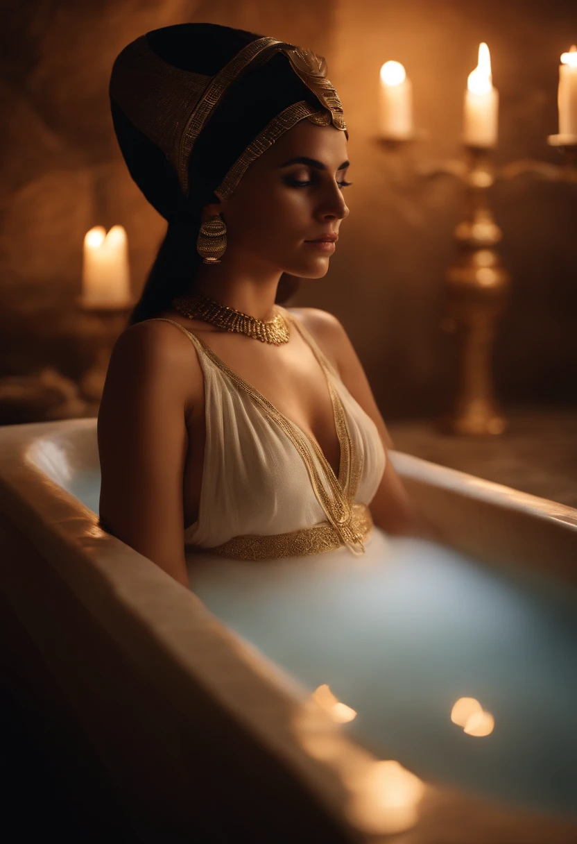 Generate an image of Cleopatra, resplendent in ancient Egyptian attire, reclining in a bath filled with creamy donkey milk. The soft glow of candlelight accentuates her radiant skin. hyper realistic