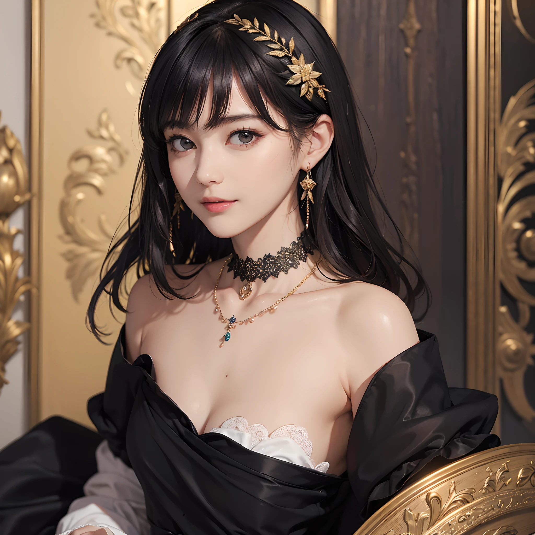 ((1womanl)),  (((Black shorthair))), （masuter piece：1,2）、top-quality、​masterpiece、hight resolution、original、highly detailed wallpaper、pubic hair beauty、dress code、Luxurious necklace, A slight smil、Small face、(breast)、Vivid color dresses、Live-action style