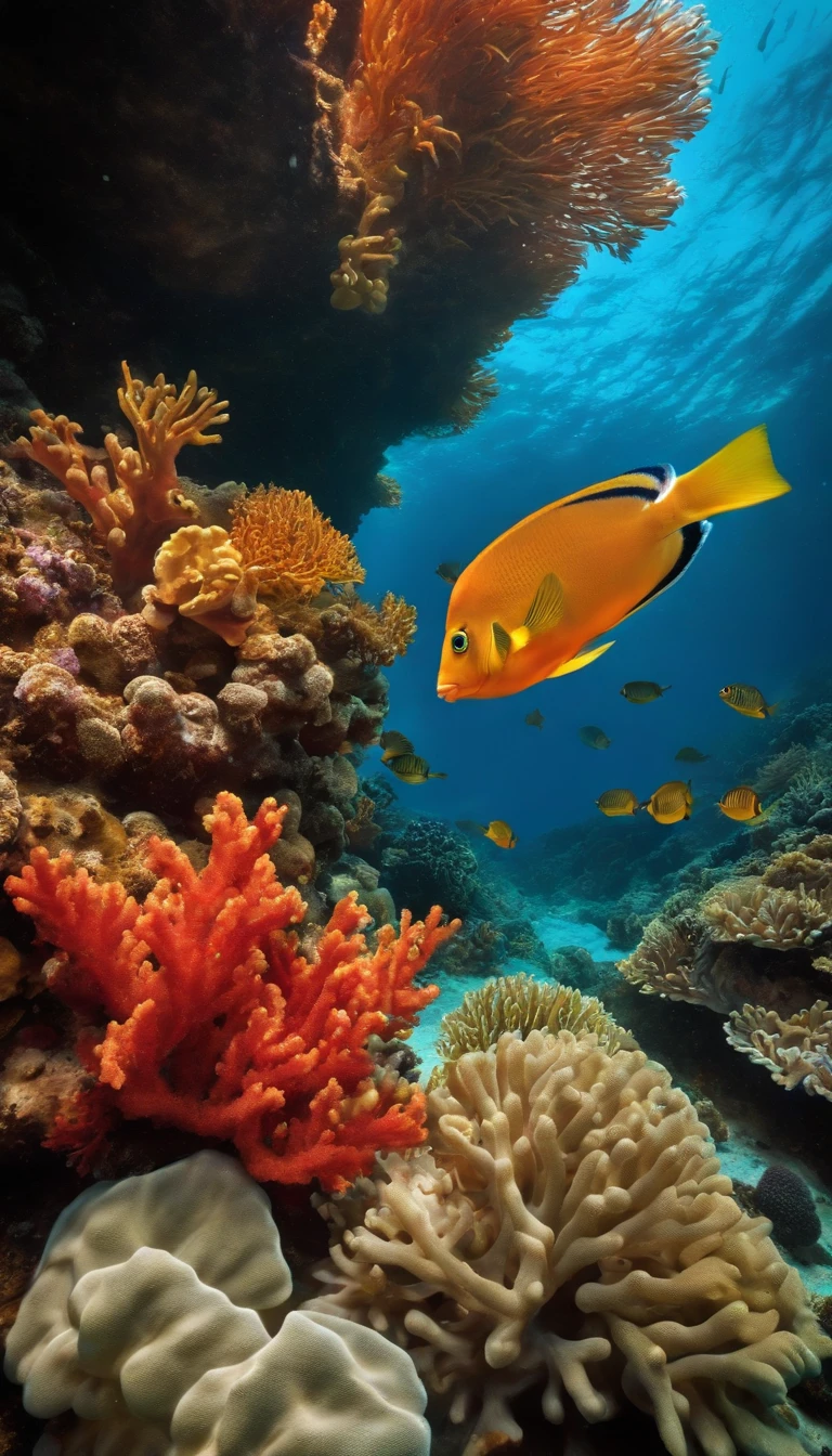 (underwater), ((colorful red and orange reef in center)) ,underwater, coral, crystal-clear water, ,rays of sunlight ,detailed marine plants, life, vibrant colors, tranquil atmosphere, serene, swaying seaweed ,exotic species, dazzling array of colors) , (best quality,highres:1.2), (underwater photography), (vibrant), (soft and diffused lighting), ((no fish))