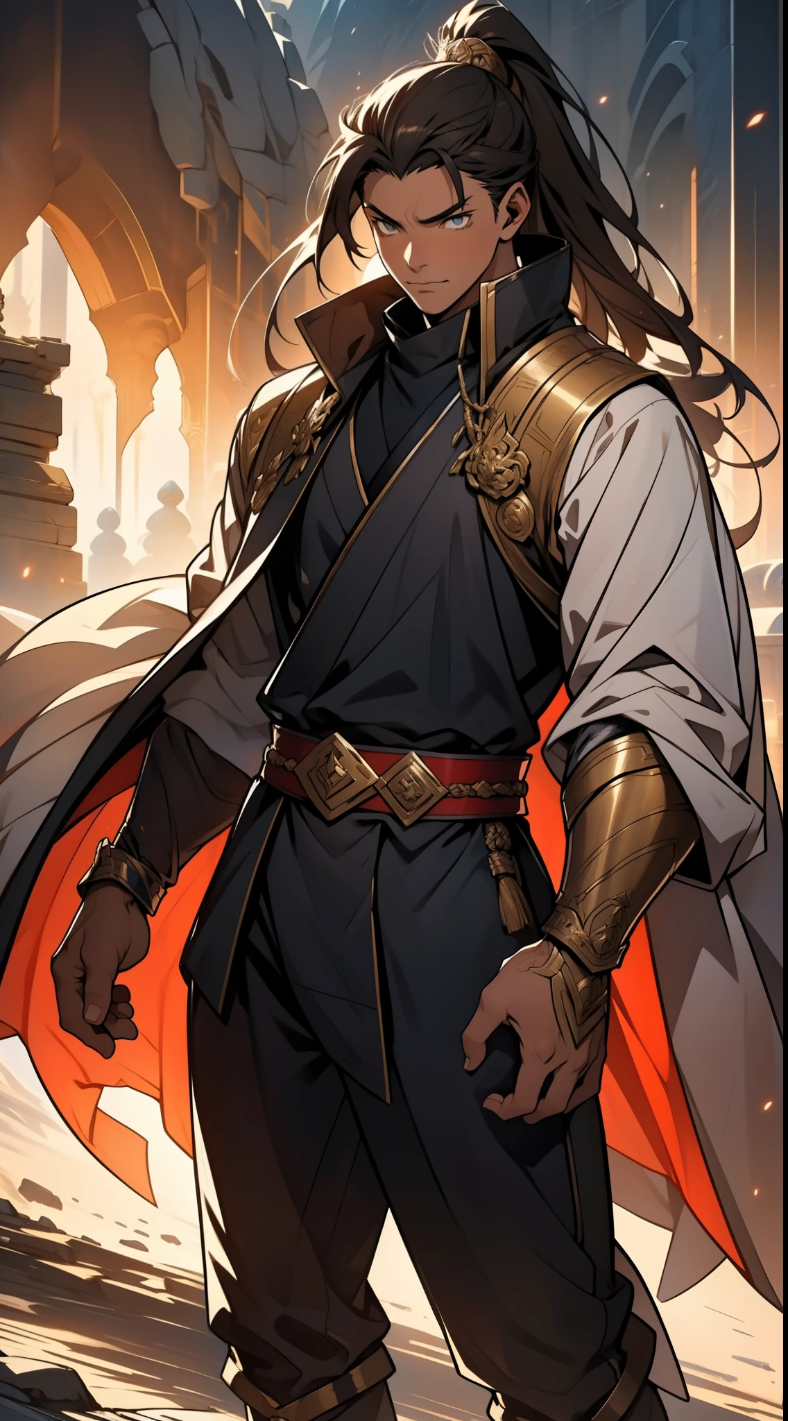 A young man with long brown hair, He wears a cloth headband around his forehead, Deep and determined eyes, well-defined features, The peoples of Central Asia, Stand on the endless steppe, Two-piece dream-style costume, Elements of the national costume of Central Asia with, Thick and long vest-like coat, A belt is tied around the waist, He wears matching pants. He holds a fantasy longsword in his right hand, This character embodies the anime style, Crafted, Fantasy style swordsman design, Characterized by a refined and mature manga illustration art style, Full body character drawing, High definition, Best quality, A high resolution, Ultra-detailed, Ultra-fine painting, Extremely delicate, professional, Anatomically correct, Symmetrical face, Extremely detailed eyes and face, High quality eyes, creativity, RAW photo, hyper HD, 8K, Natural light, Cinematic lighting, Masterpiece:1.5