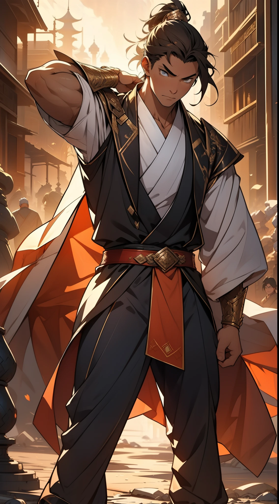 A young man with long brown hair, He wears a cloth headband around his forehead, Deep and determined eyes, well-defined features, The peoples of Central Asia, Stand on the endless steppe, Two-piece dream-style costume, Elements of the national costume of Central Asia with, Thick and long vest-like coat, A belt is tied around the waist, He wears matching pants. He holds a fantasy longsword in his right hand, This character embodies the anime style, Crafted, Fantasy style swordsman design, Characterized by a refined and mature manga illustration art style, Full body character drawing, High definition, Best quality, A high resolution, Ultra-detailed, Ultra-fine painting, Extremely delicate, professional, Anatomically correct, Symmetrical face, Extremely detailed eyes and face, High quality eyes, creativity, RAW photo, hyper HD, 8K, Natural light, Cinematic lighting, Masterpiece:1.5