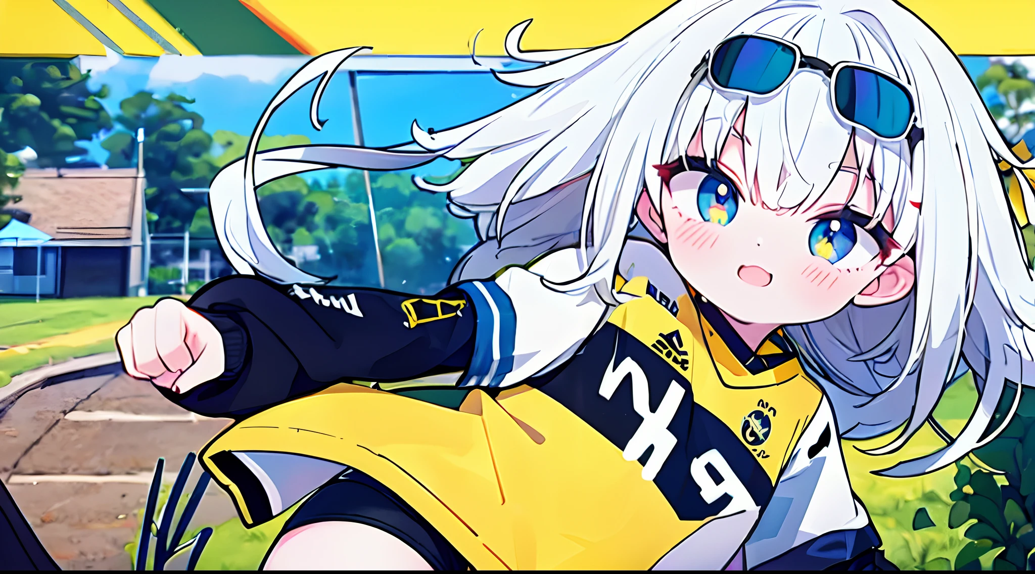 uma menina com um rosto encantador, ela tem uma bela beleza latino-americana com cabelos cacheados e pele bronzeada. Ela tem um bronzeado de fita adesiva em seu corpo e curvas que a fazem parecer deslumbrante. The girl is wearing the uniform of the Brazilian soccer team, which is a bright yellow color. She's also wearing short jeans and flawless white sneakers.