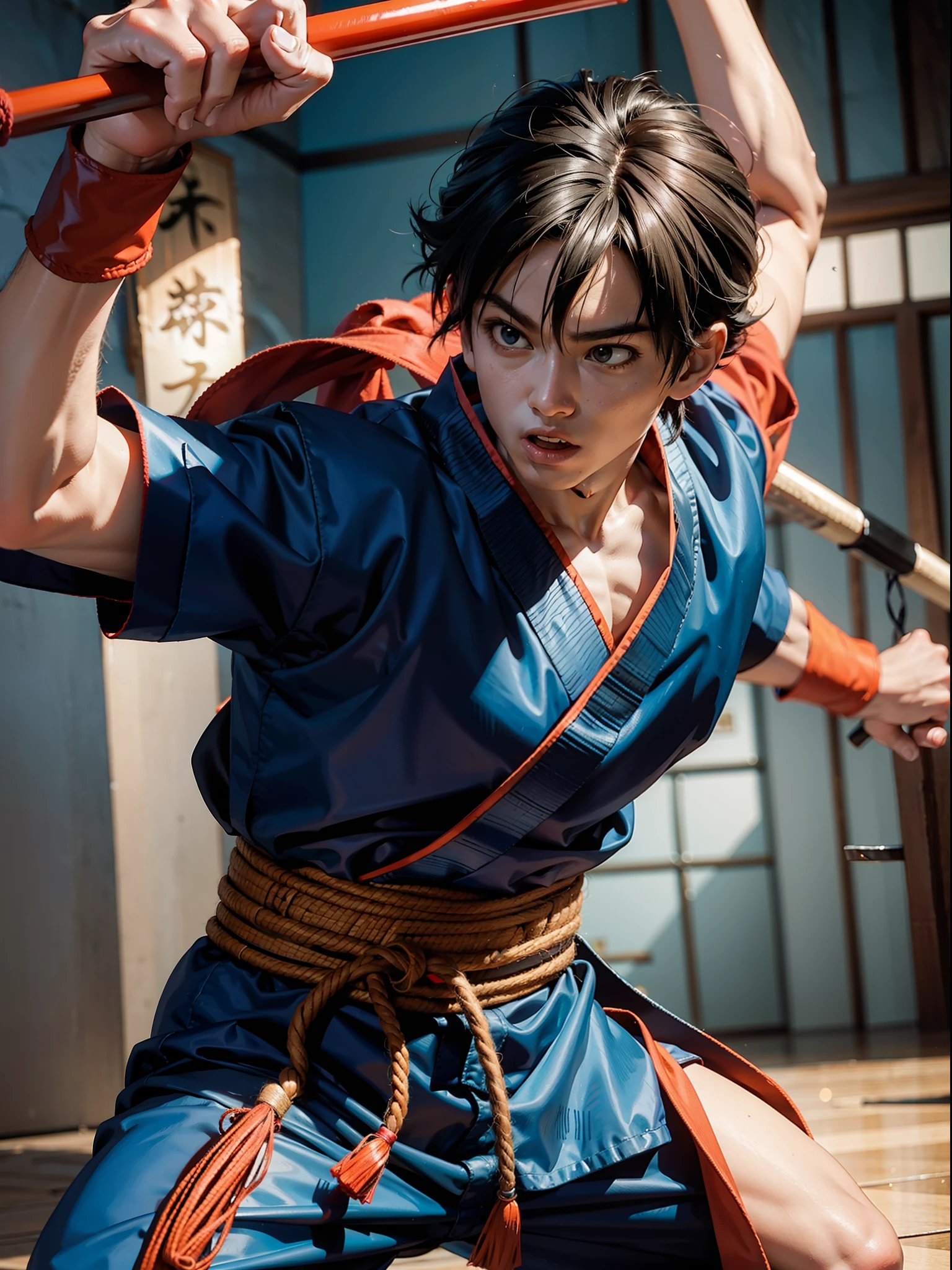 ??? boy goku fighting with bo staff, kung fu, asian, martial arts