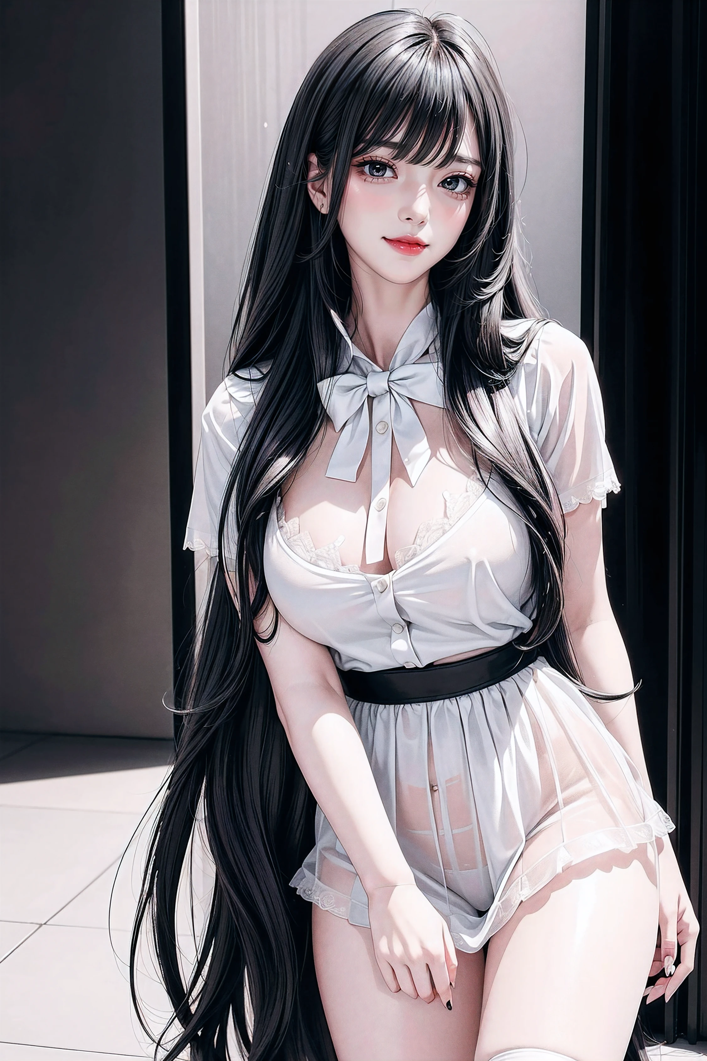 {{(((👅🍑💦)))}},ulzzang -6500-v1.1,(Raw foto:1.2),((Photorealsitic:1.4)),top-quality,masterpiece, illustratio,{(Extremely delicate and beautiful:2.0):2.0}, extremely details CG ,Unity,{(8K Wallpaper:2.0)}, astonishing、finely detail, Official art,the Extremely Detailed CG Unity 8K Wallpapers,absurderes, incredibly absurdness, huge filesize, ultra-detailliert, hight resolution, a beautiful detailed girl, extremely detailed eye and face, beatiful detailed eyes,Facial light,(((😃))),{(thighs thighs thighs thighs)}, {(Full body))}
(((Straight bangs:))),(((Very long black hair, Ridiculously long black hair:1.1))),Long black hair like a stream of water, Lustrous black hair all over the back, Black hair shiny like silk thread, Long black hair shining like jewels, black hair with wet feathers, 1girl in, (blush)+, lightsmile, School uniform, Short sleeves, Narrowed eyes, (upward-eyed)1.1, Backlight, Bokeh, (the see-through white shirt), bowtie, (Huge breasts, Super breasts), plaid skirts, White panties, ,a beauty girl, blush, Seductive smile,Insane details and very detailed, Huge lower eyelid. masutepiece, of the highest quality, Ultra high definition, max resolution, Very detailed, Clean skin,
