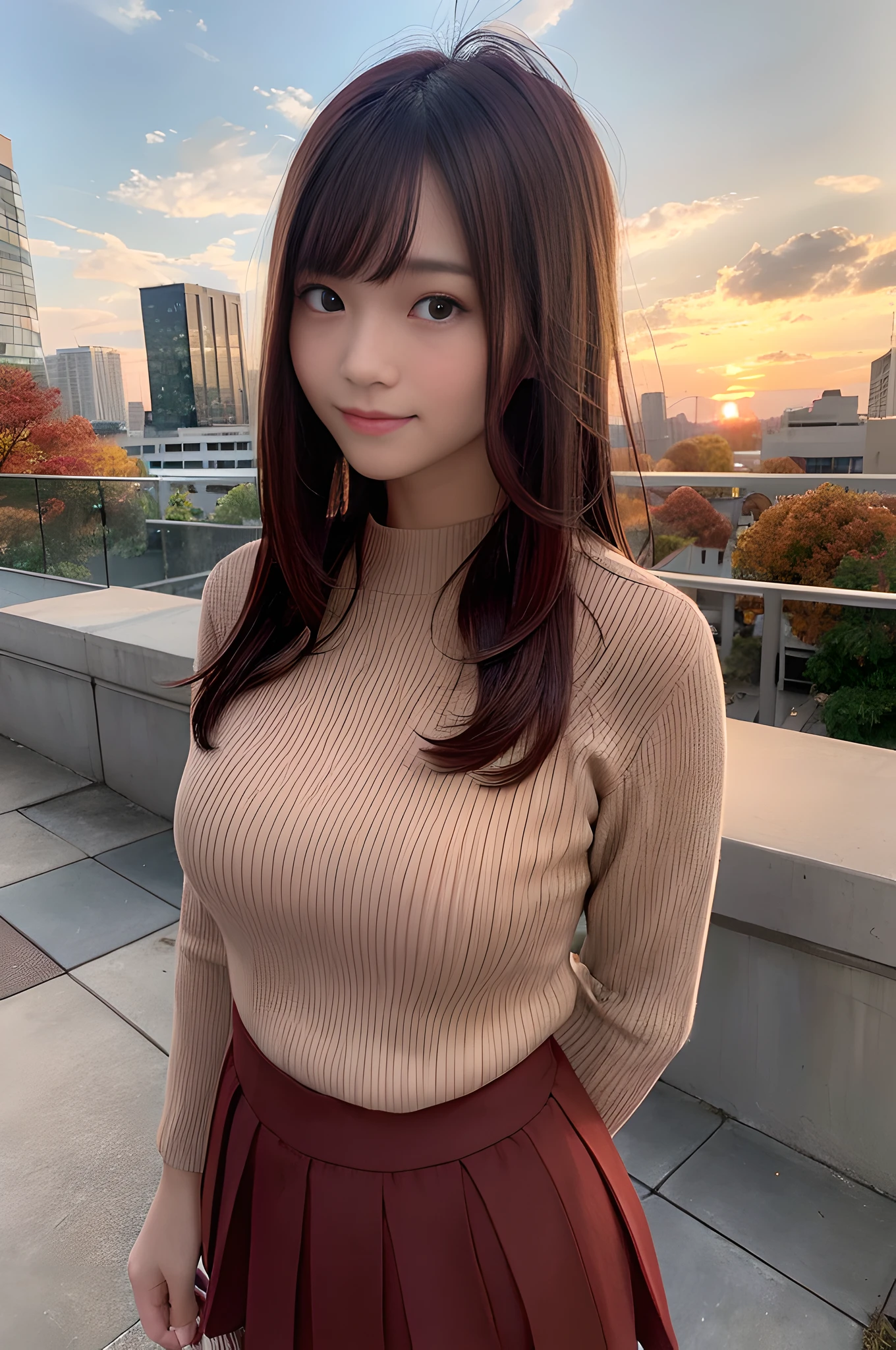 masterpiece, best quality, photorealistic, raw photo, DSLR, 15-year-old beautiful Japanese girl, shiny fair skin, realistic beautiful no makeup face, realistic beautiful bright eyes, double eyelids, look at viewer, smiling, highest detailed shiny black short hair and bangs, disheveled hair, slim figure, slim face, slim waist, big breasts, ((red and brown, layered autumn clothes, long flare skirt, city at dusk, sunset)), realistic lighting and shadows, depth of fields, highest delicate and beautiful photo, ultra high resolution, 8k UHD wallpaper,