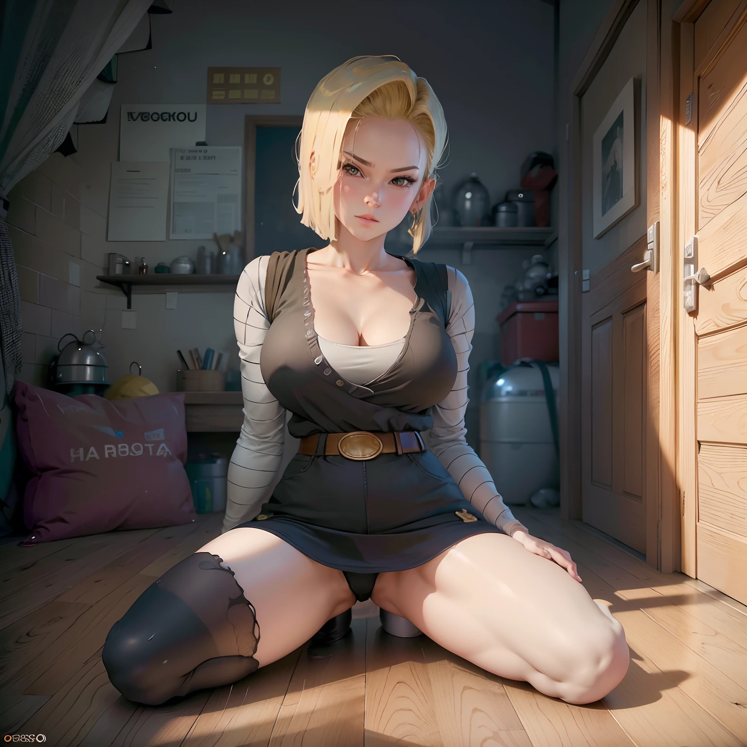 (garota hiper realista:1.2), ((Android 18 de 20 anos)), (Dragon Ball Z), corpo inteiro, single body, olhando para frente, sitting on the floor, (coxas grossas), joelhos dobrados, ((cabelo loiro)), seios grandes:1.3, ambiente aberto, Hiper realista, cinematic lighthing, (octan render), ray tracing, realismo, 8k UHD