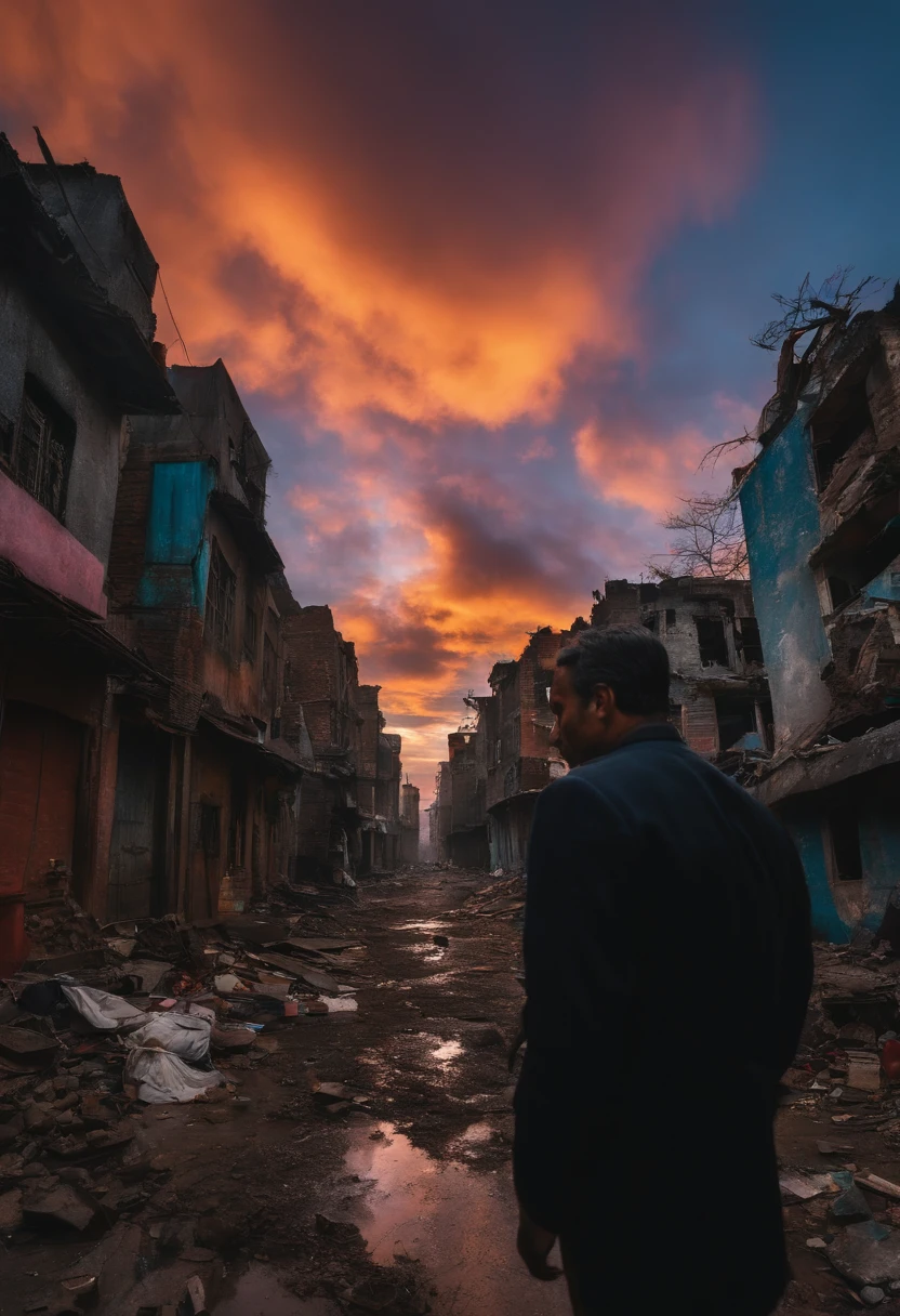 The sky was dark, with tall buildings on one side and dilapidated houses on the other, and a man standing in the middle