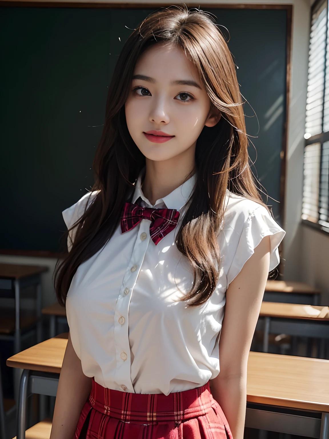 best qualtiy，tmasterpiece，超高分辨率，（真实感：1.4），RAW photogr，1girll，long whitr hair，Face Highlighting，Pure，Girly，Flushing，18yr old，18-year-old smiling female classmate，Pure，Innocent，（best qualtiy，8K，tmasterpiece:1.3），Goose egg face，largeeyes，long eyelasher，Exquisite（live-action realistic style），Star-like eyes，Ultimate face，Photorealistic light and shadow，Clear facial features，Milky white skin，Fair skin， highdetailskin， Realistic skin details， Visible Pore，（Super detail），（perfect bodies：1.1），long whitr hair，（dynamicposes），((Dynamic background((volumettic light：1.3))，‎Classroom，Plaid skirts，red bowtie，huge tit，White color blouse