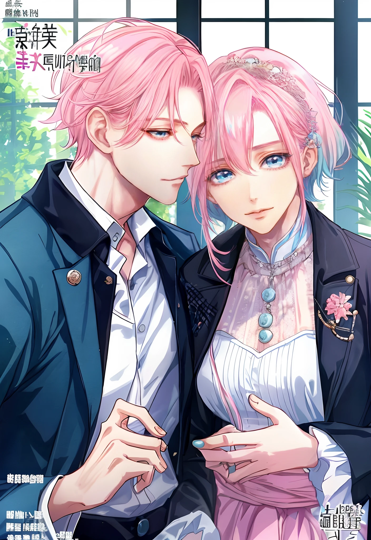 ((Male and female couples)), window, Idol Photos, Magazine covers, Photos of actors, Professional Photos, Height difference, tall male, Happiness, youthfulness, extra detailed face, detailed punk hair, very detailed character, inspired by Sim Sa-jeong, Cai Xukun's, detailed realistic faces, highly detailed realistic face, high detailed face anime, realistic detailed face, Accurate detailed face, attractive androgynous humanoid, Cool Korean fashion in black, ((With a man with light blue hair)), ((Woman with pink hair)), ((Woman with long hair below waist)), ((Man with short hair over ears)), ((Pink hair woman with gentle expression)), ((Man with light blue hair with wild expression)), high-level image quality, masterpiece, Photographed so that the whole body can be seen, Photographed to make clothes look beautiful, Take your eyes off, ((two individuals)), ((British couple))