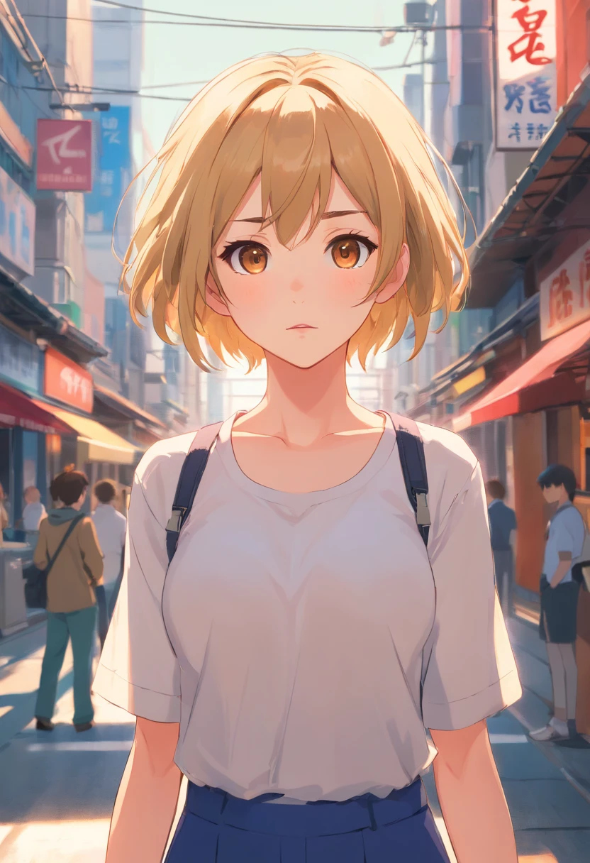 professional, (4k photos:1.1) AB (Jeremy Lipking:0.3), (Dittmann Anna:0.3), (Arian Mark:0.3), (Sharp focus:1.3), higly detailed, in a tight shirt:1.2, Beautiful face detailing, brown eye, short blonde hair, (Attractive young woman: 1.3), (Seductive: 1.1), (blushful: 1.1), hourglass shape, natutal breasts, wide thighs