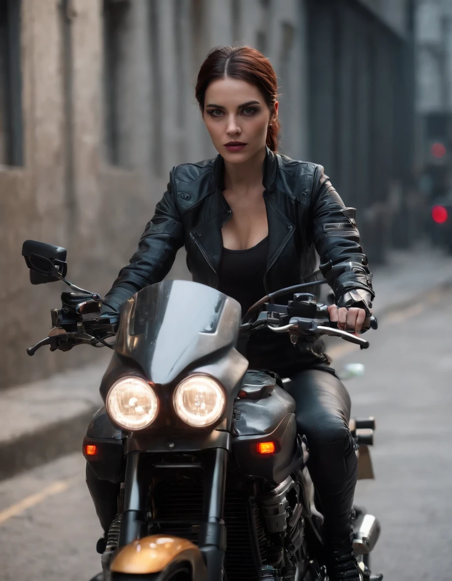 ((Qualidade Superior)), ((Melhor Varejo)), (high level of detail: 1.3), 3d, A woman riding a motorcycle,Lindo fiz (O cyberpunk:1.3) mulher hacker, female spy, pilotando uma motocicleta,medium long shot,(medium shot)