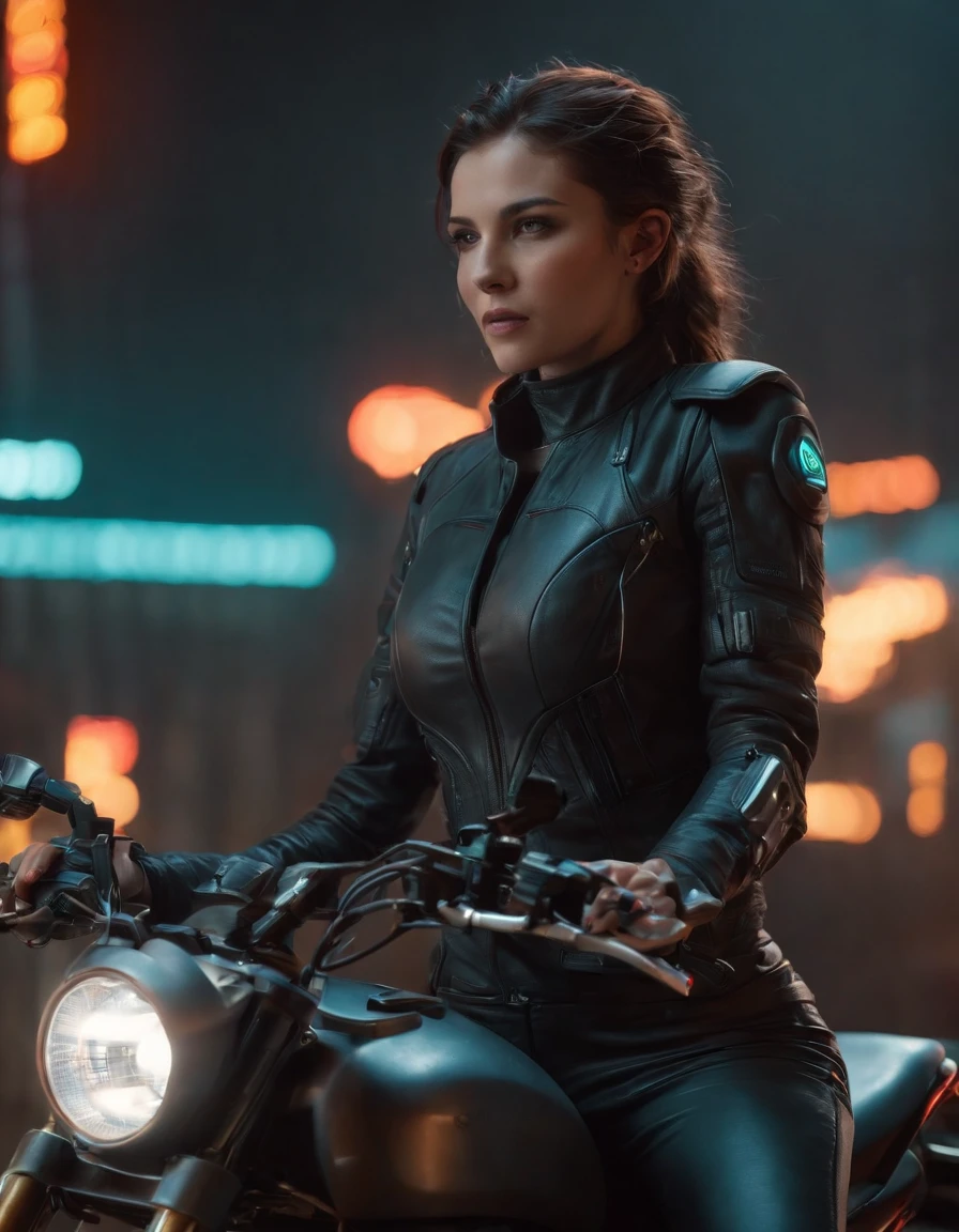 ((Qualidade Superior)), ((Melhor Varejo)), (high level of detail: 1.3), 3d, A woman riding a motorcycle,Lindo fiz (O cyberpunk:1.3) mulher hacker, female spy, pilotando uma motocicleta,medium long shot