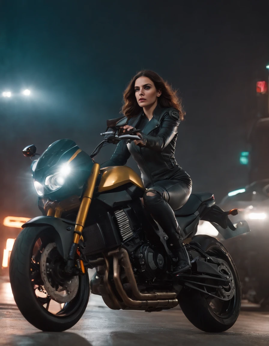 ((Qualidade Superior)), ((Melhor Varejo)), (high level of detail: 1.3), 3d, A woman riding a motorcycle,Lindo fiz (O cyberpunk:1.3) mulher hacker, female spy, pilotando uma motocicleta,medium long shot