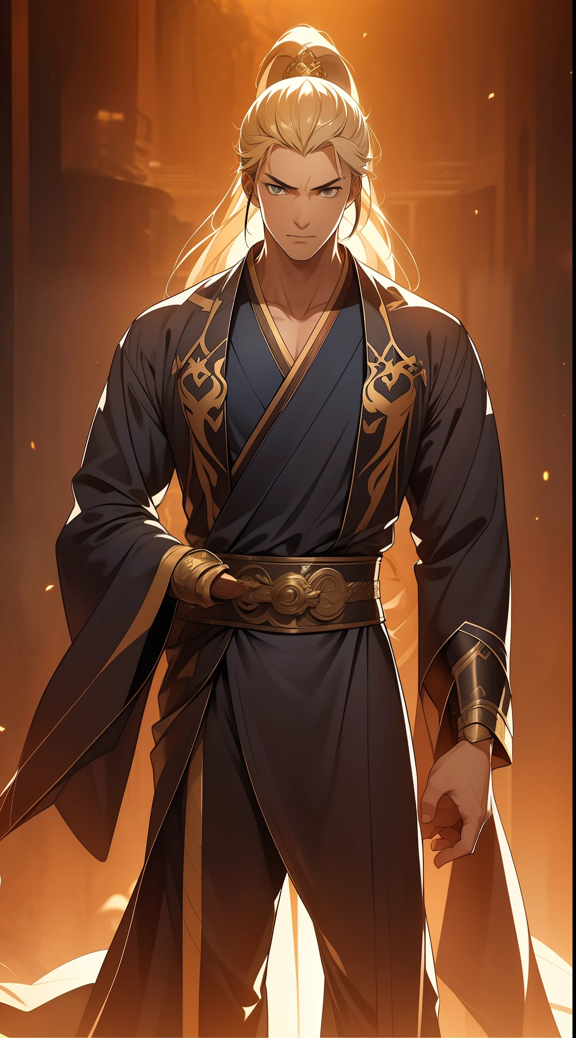 Two dimensions，anime style，one person（male warrior），proportions are correct，facial details，swordsman，high ponytail hairstyle，neck detail，Have an Adam&#39;s apple，Black and gold robe，joke，Black and gold robe，clothing details，Hand over，long sleeves，Game quality，fencing，Ray tracing，Ray tracing，Detailed glow，CG rendering，hair details，Long black and blond hair，Black-gold eyes，Handsome，Handsome，（Youthful feeling），Costumes are complicated，Perfect composition，refine，high quality，higher details，many details，Complex background，a sense of atmosphere，