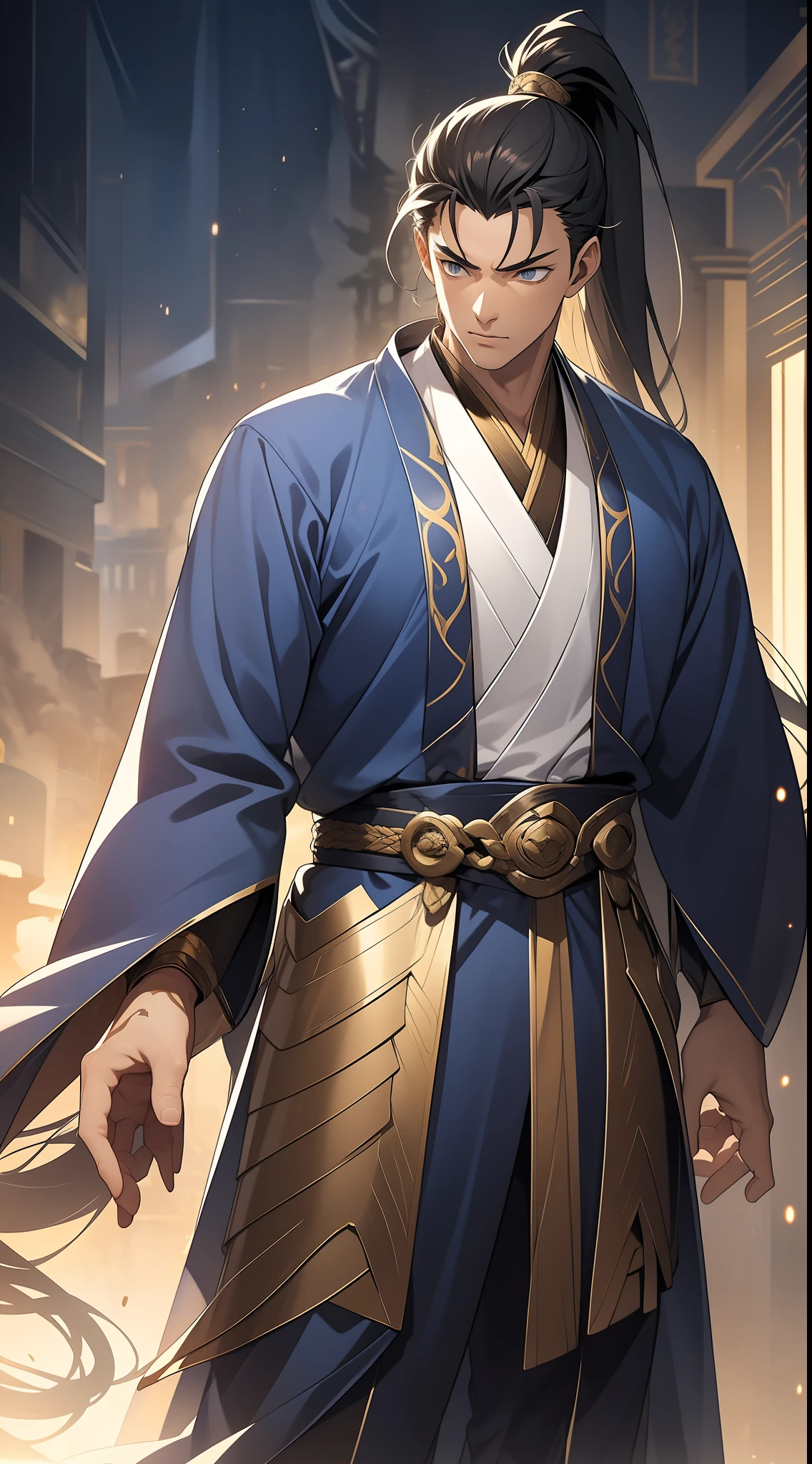 quadratic element，style of anime，mtu（Male Warrior），The proportions are correct，Face details，swordsmen，High ponytail hairstyle，Neck details，There is an Adam's apple，Blue suit，kaftan，long blue robes，clothes details，Handing over，longer sleeves，Game quality，Swordsmanship，Light and shadow tracking，Ray traching，detailed glow，cg render，hair detail，yellow long hair，blue colored eyes，Handsome，Handsome，（juvenile sense），Clothing is complicated，Perfectcomposition，Refinement，high qulity，higher details，Lots of details，The background is complex，a sense of atmosphere，