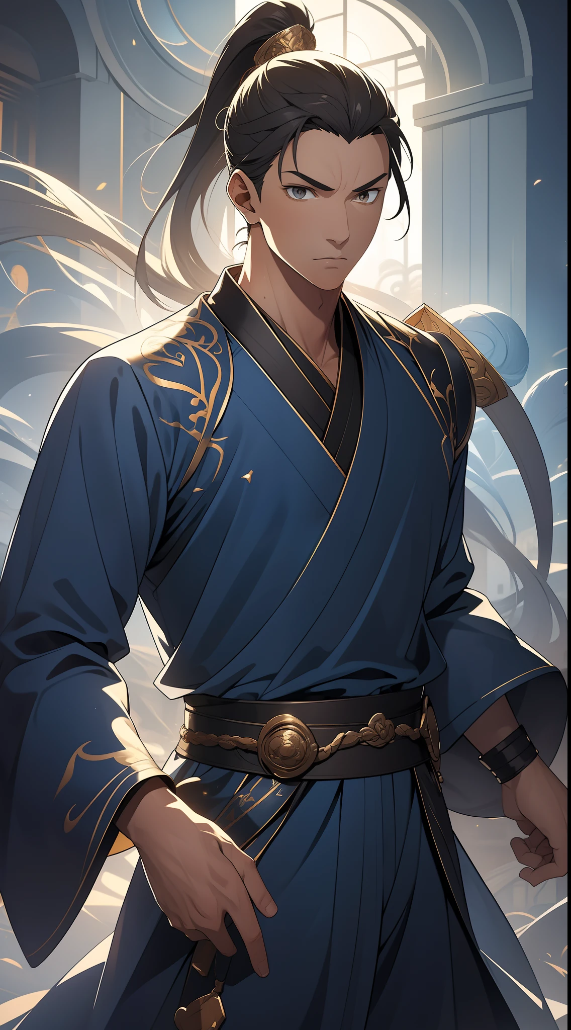 quadratic element,style of anime,mtu(Male Warrior),The proportions are correct,Face details,swordsmen,High ponytail hairstyle,Neck details,There is an Adam's apple,Blue suit,kaftan,long blue robes,clothes details,Handing over,longer sleeves,Game quality,Swordsmanship,Light and shadow tracking,Ray traching,detailed glow,cg render,hair detail,yellow long hair,blue colored eyes,Handsome,Handsome,(juvenile sense),Clothing is complicated,Perfectcomposition,Refinement,high qulity,higher details,Lots of details,The background is complex,a sense of atmosphere,