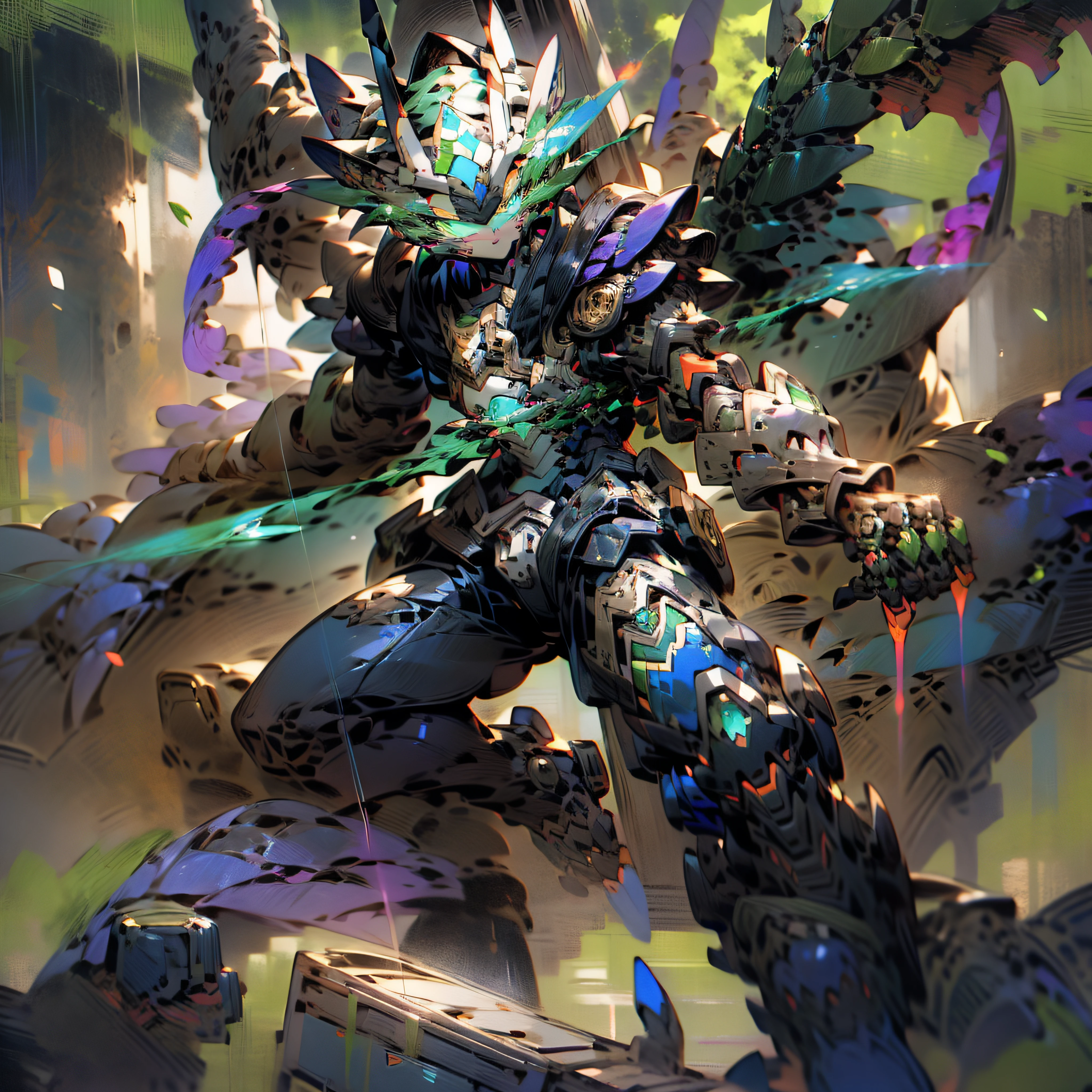 Render digital art,Extremely detailed light and shadow，Stylized digital art，超高分辨率，Extreme graphics and ultimate art style，Soft lighting，The high bitrate is 4K，Extreme ray tracing，Ultimate two-dimensional painting style，Side face display，exquisite and meticulous,Boutique art anime wallpaper 4k，Shot with a 120mm wide Canon Eos III ZEISS, detailed anime art，Superb purple-blue mech，Cute Zhengtai type boy，Extremely white hair assembly line，Ultimate armor Green Red，The ultimate purple-blue mech tights，The ultimate glamour eye，Ultimate purple and blue wings，The limit is chasing green, Purple blue mecha sword，The shape of the face is completely exposed，The ultimate purple and blue armor，The ultimate purple and blue arms exclusive to the body，The ultimate green and red mech robotic arm armored pants，The ultimate green and red dragon tail，The ultimate green-red mech legs，There are also the ultimate green and red mechanical shoes，Tougher than any body，The background is futuristic urban style，There are also autumn maple leaves floating under the trees