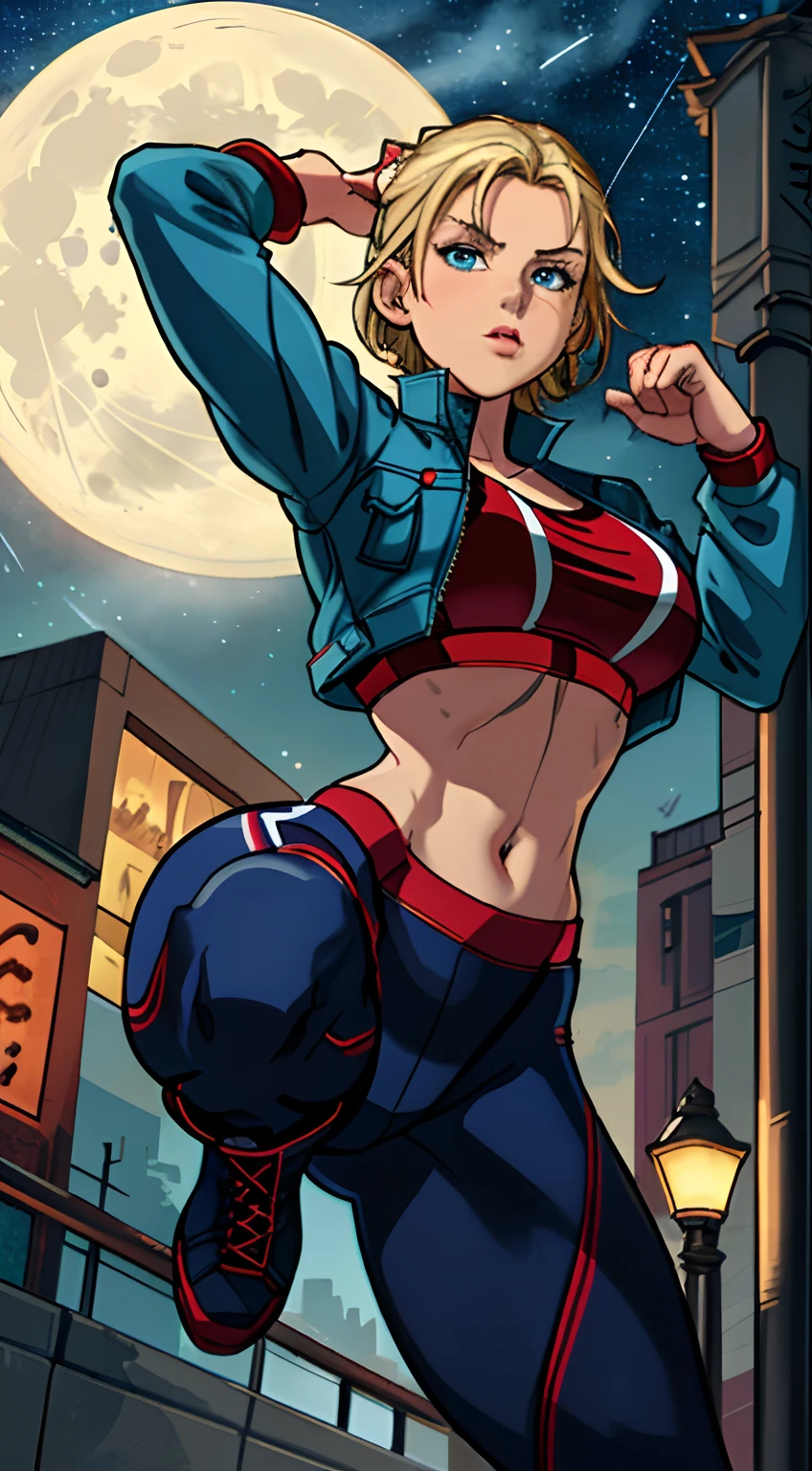 [Cammy], ((Masterpiece)), ((High quality art)), ((High definition)), ((solo portrait)), ((anime)), ((beautiful render art)), ((detailed shading)), ((intricate details)), {(Beautiful woman), (cute blue eyes), short blonde hair, (scar on left cheek), angry, (puckered lips)}, {(sports bra), (yoga pants), (short leather light blue jacket), (red horizontal stripes on sleeves), (red combat boots)}, {(flying kick), (in air)}, [Background; (england city), (cars), (lamp posts), (starry sky), (full moon)}